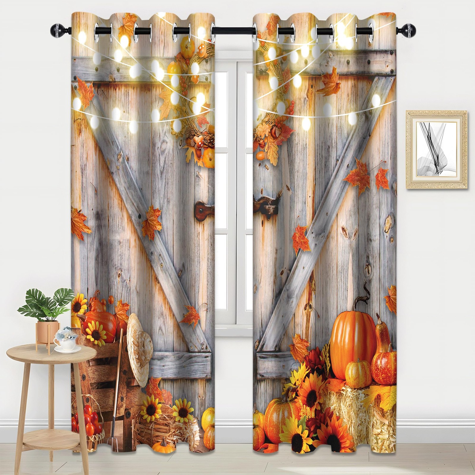 Fall Pumpkins Leaves Blackout Curtain, Rustic Wooden Barn Door Window Curtain…