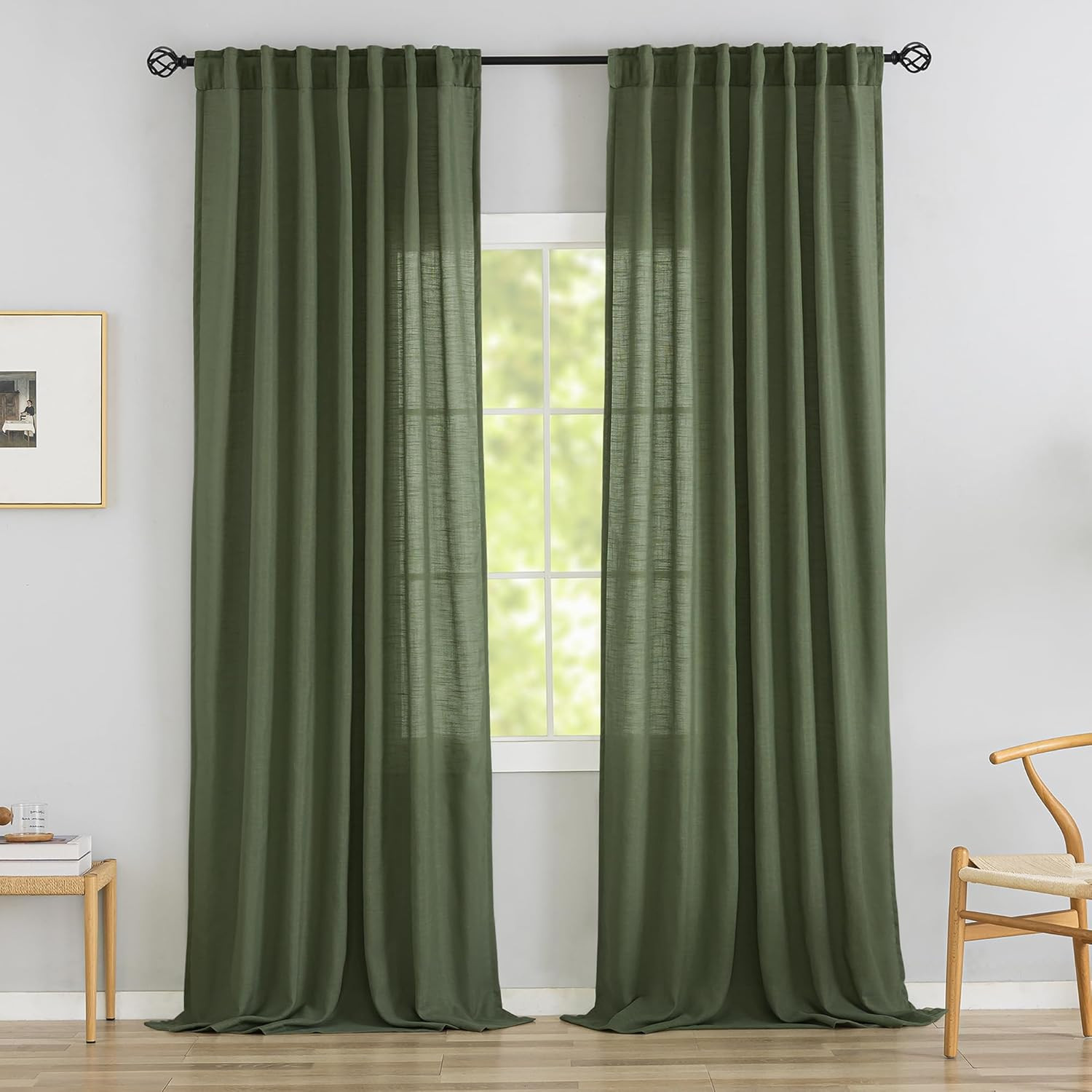 Extra Long Olive Linen Curtains 120″ Semi-Privacy Light Filtering 2 Panels