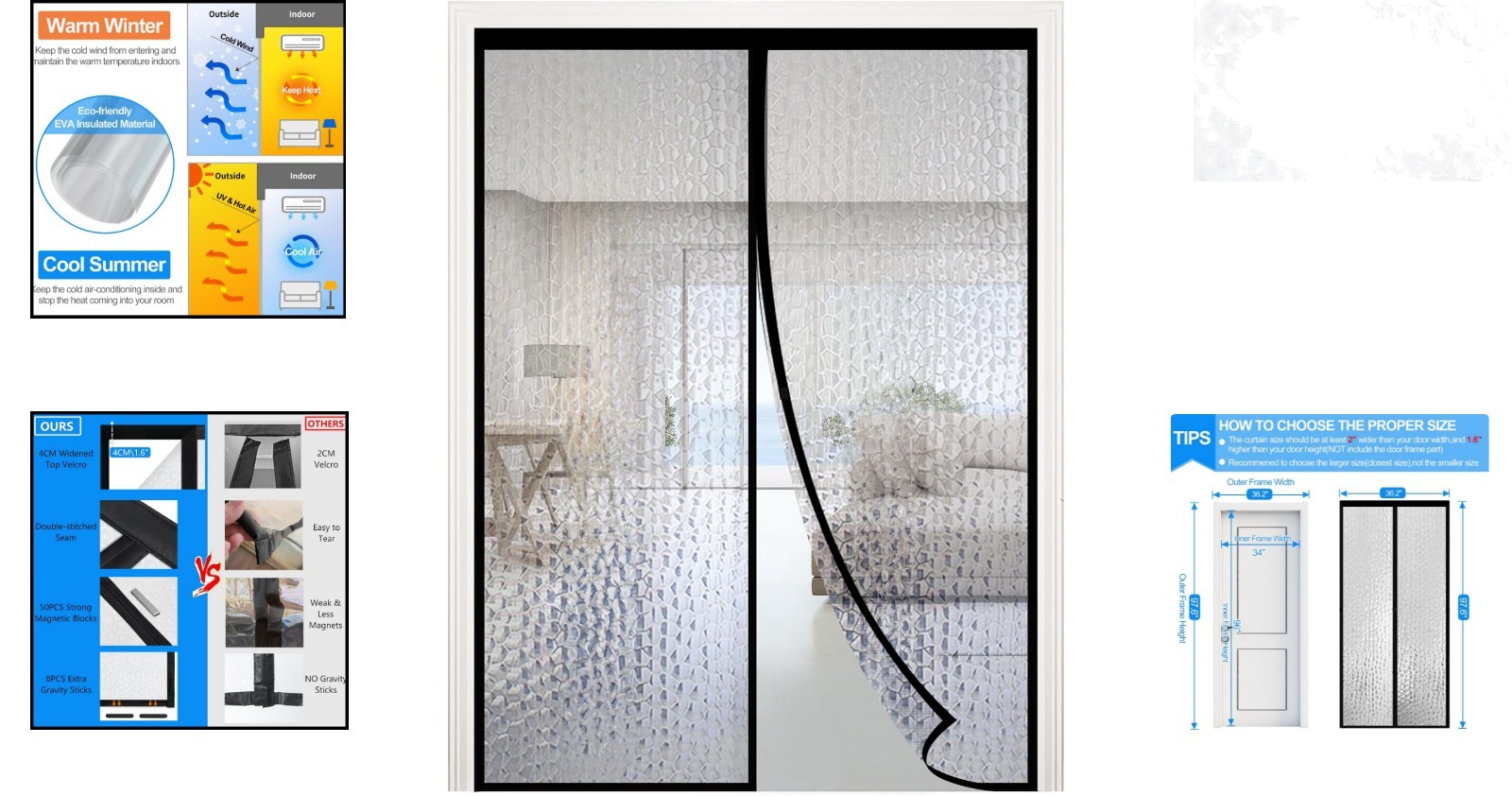 Magnetic Insulated Door Curtain Waterproof EVA Fits 34×96 Inch Door