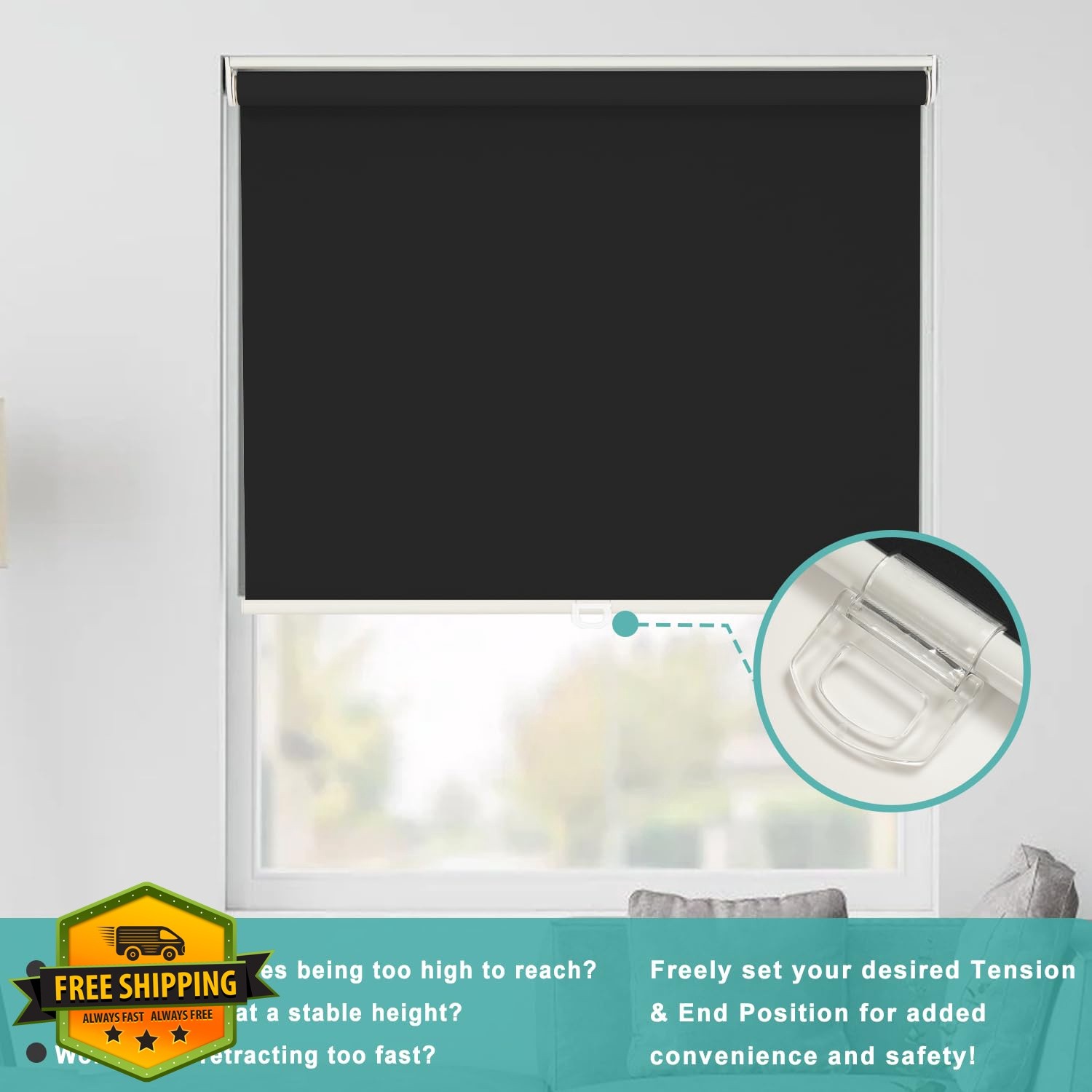 Changshade Blackout Roller Shades Black 40″x72″