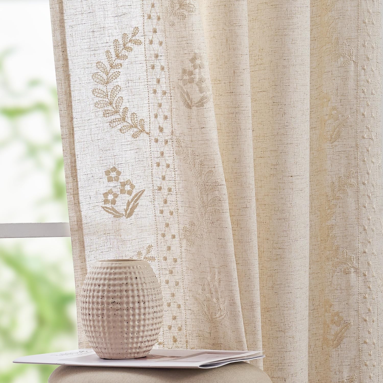 Floral Linen Curtains 84″ Embroidered Drapes for Bedroom & Living Room – 2 Panel