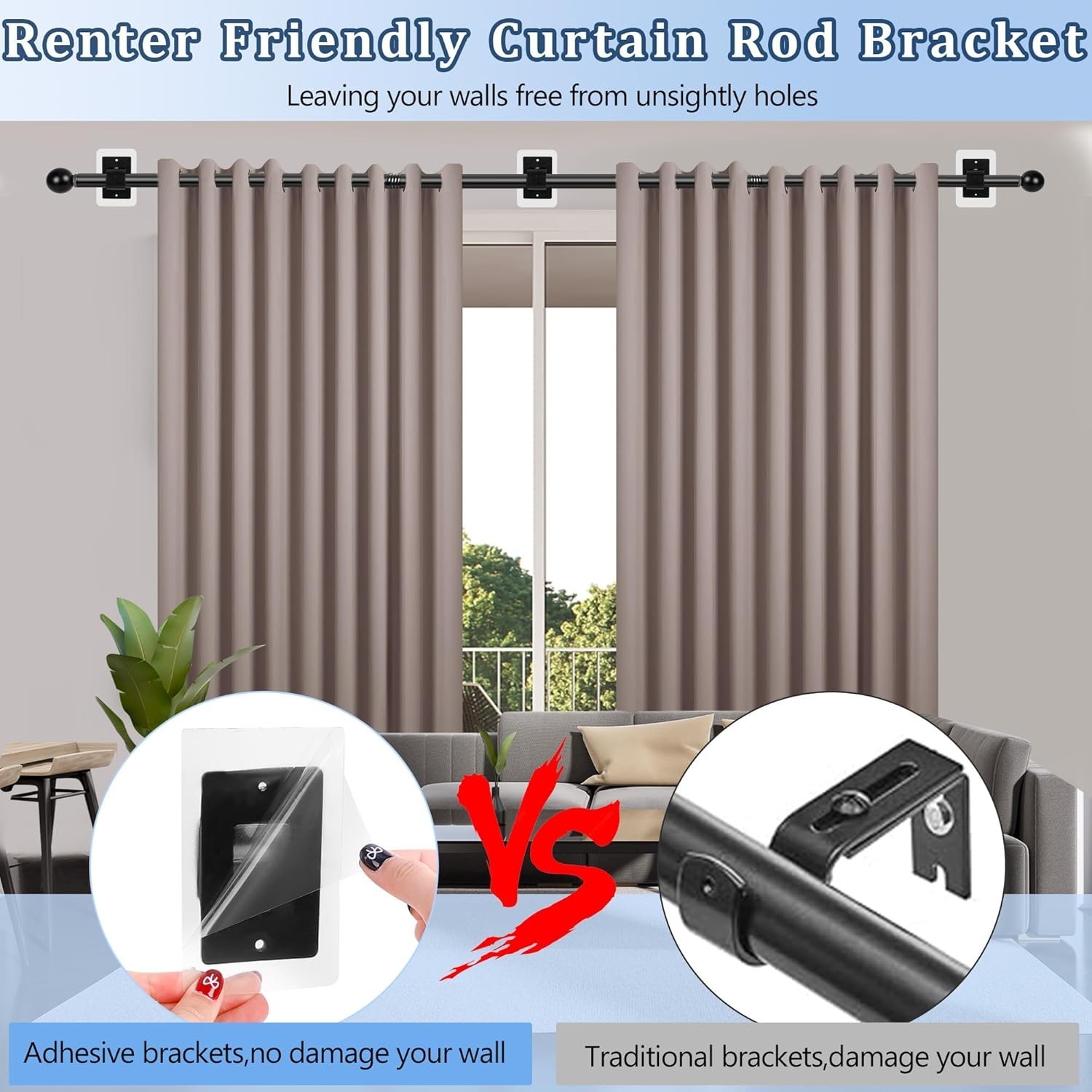 6PCS No Drill Curtain Rod Brackets,Self Adhesive Curtain Rod Holder No Drilli…