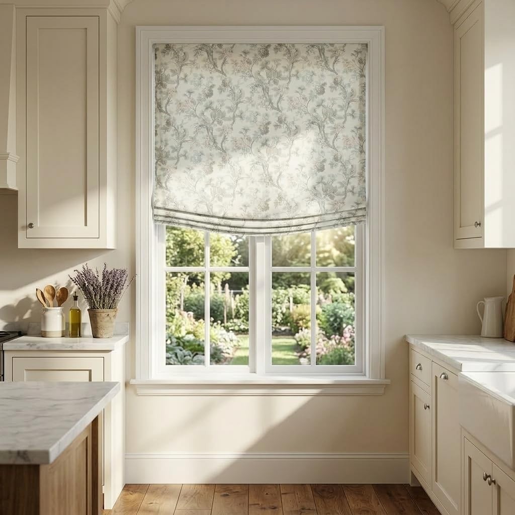 Cordless Relaxed Roman Shade with Soft Curve Light Filtering Blossombird