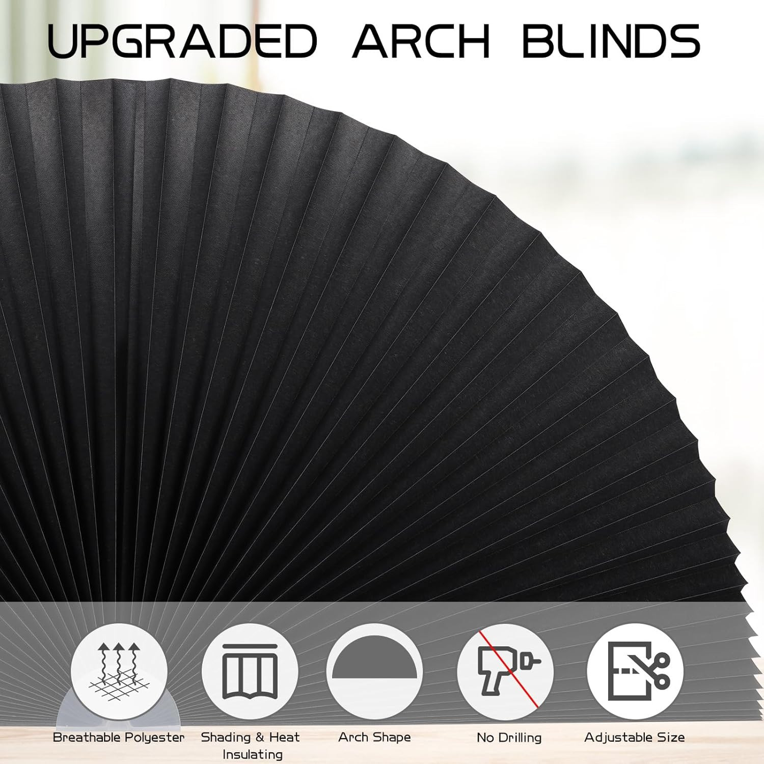 Arch Window Shade Curtains Half Circle Moon Pleated Fabric 36W x 18H Black