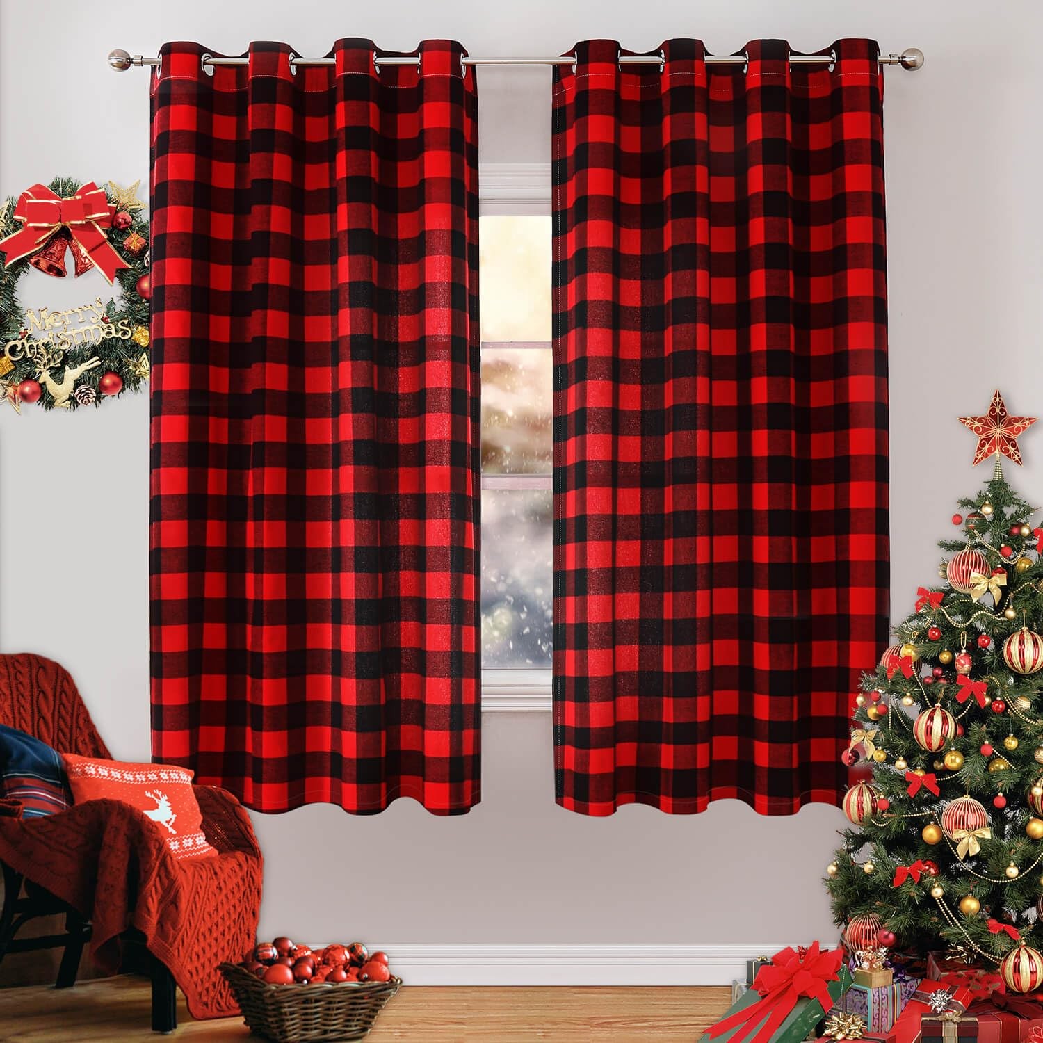 Christmas Red Buffalo Check Curtains 63 Inches 2 Panels, Red and Black Plaid Lig