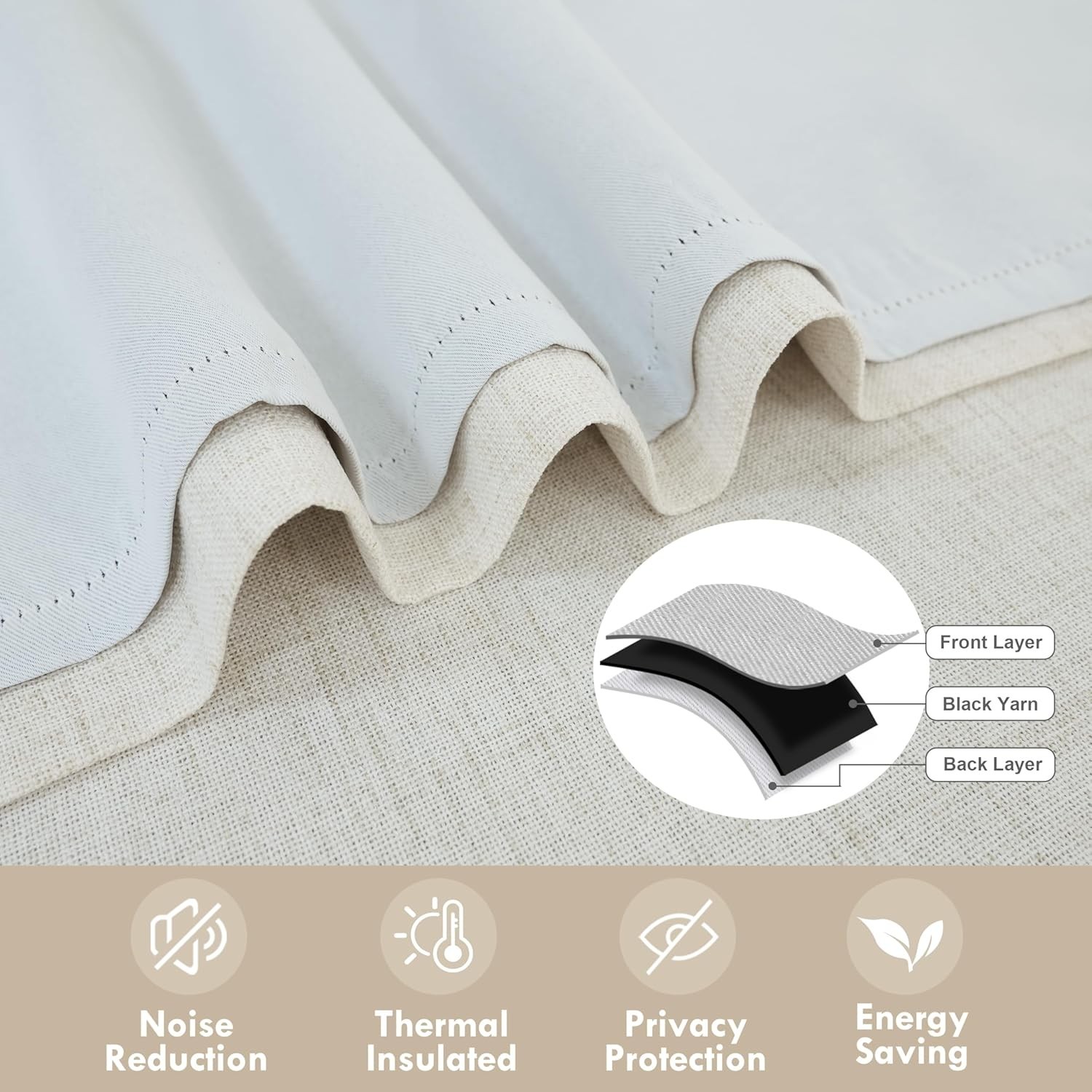 Double Layer Linen Blackout Tie Up Curtains Thermal Insulated Fully Lined Bal…