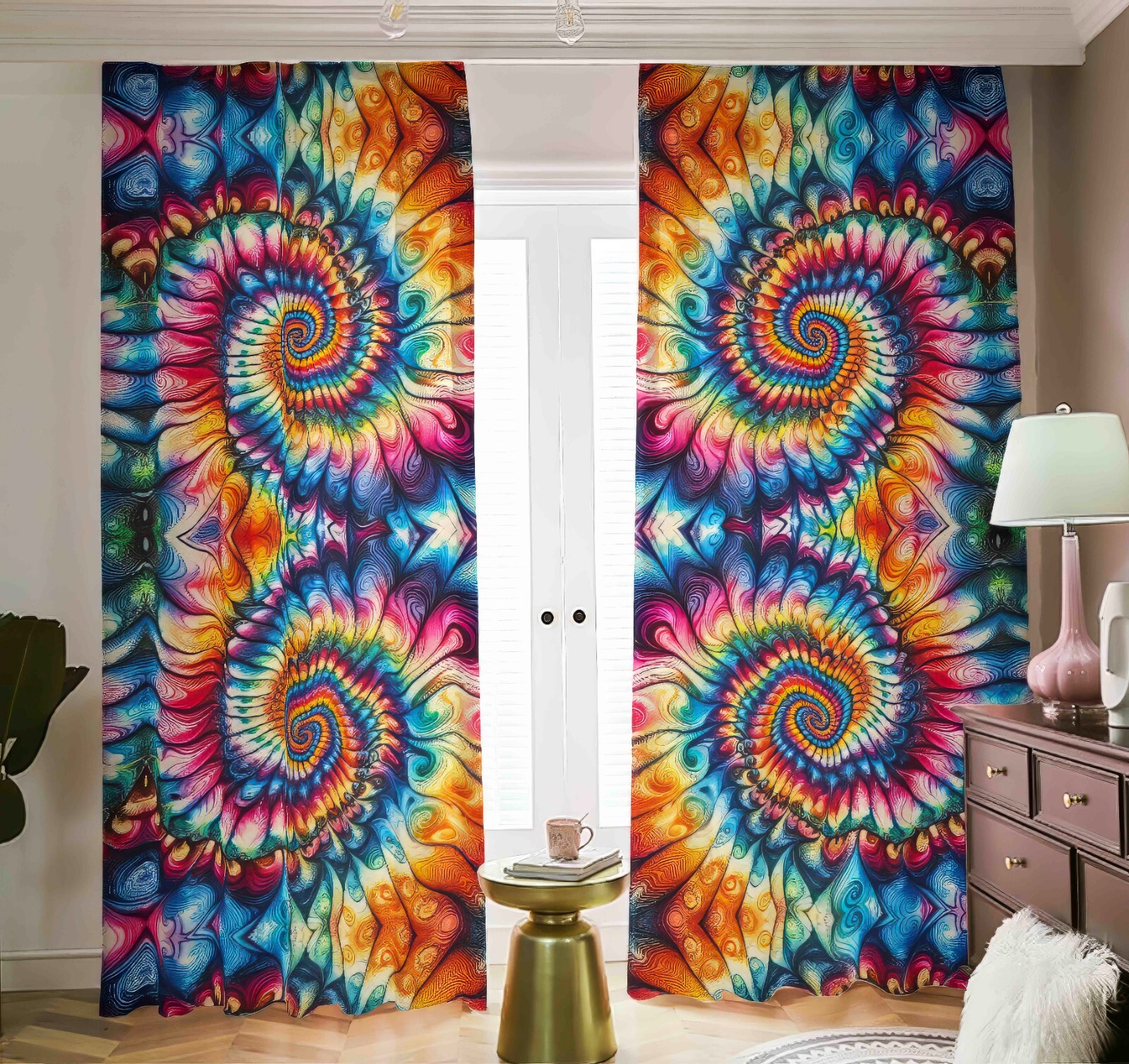 Psychedelic Tie Dye Blackout Curtains Tied Dyed Black Out Rainbow Psy Neon Pink