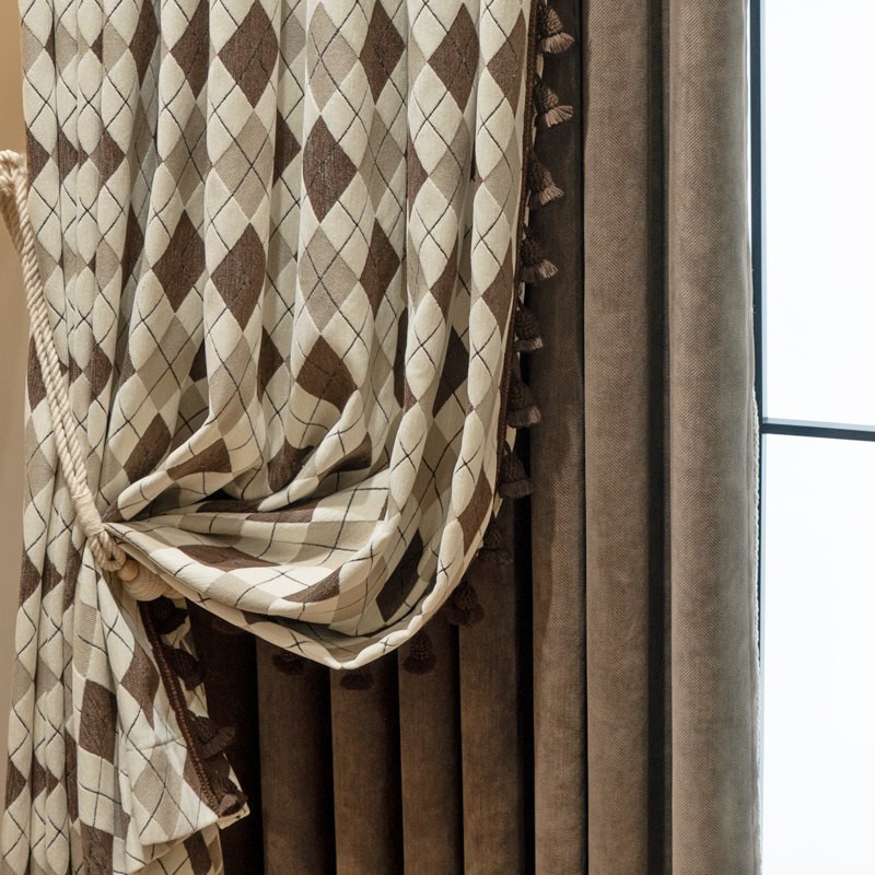 minimalist modern valance cloth chenille grid shade curtain tulle M1868
