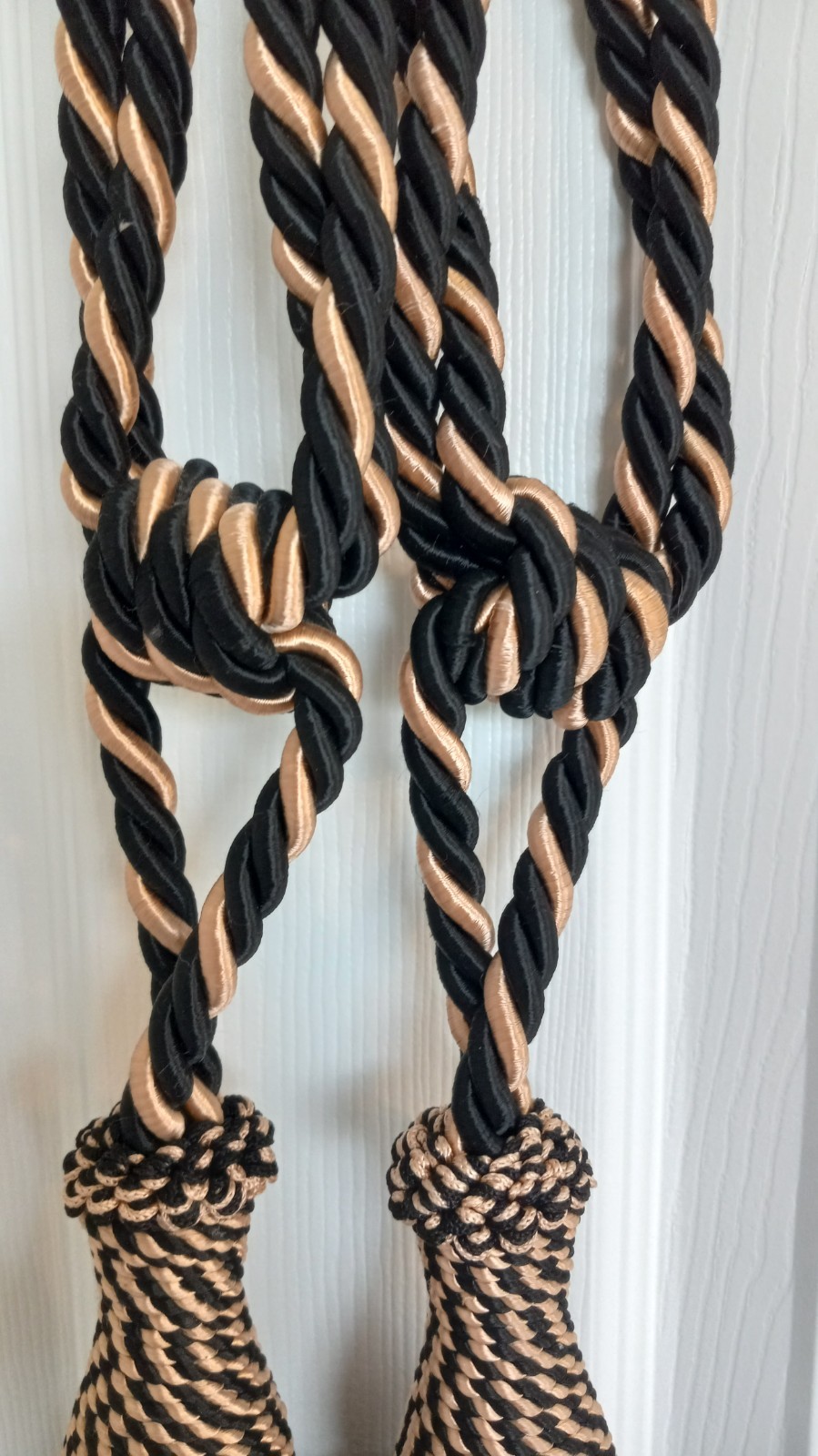 2 Large Heavy Twisted Rope Drapery Curtain Tie Backs Large Tassels Black & Gold