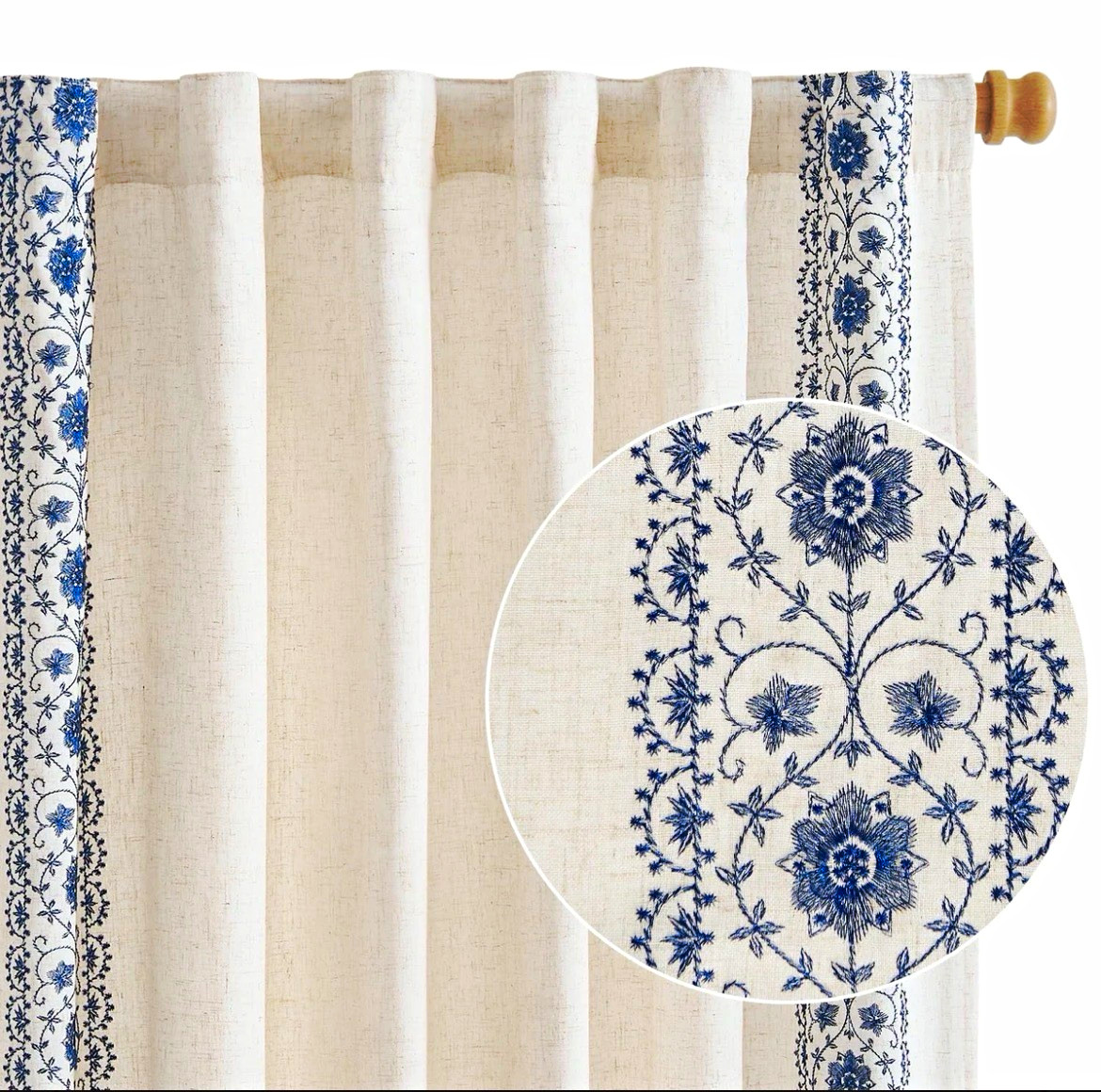 Floral Linen Curtains w Lining Back Tab 50x84in 2 Panels Blue Light filtering