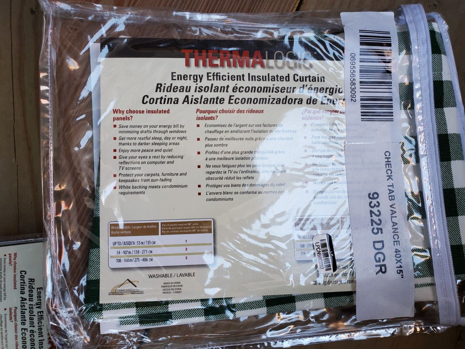 Thermalogic Check Tab-Top Valance Curtain, 40″W x 15″L – Green Plaid