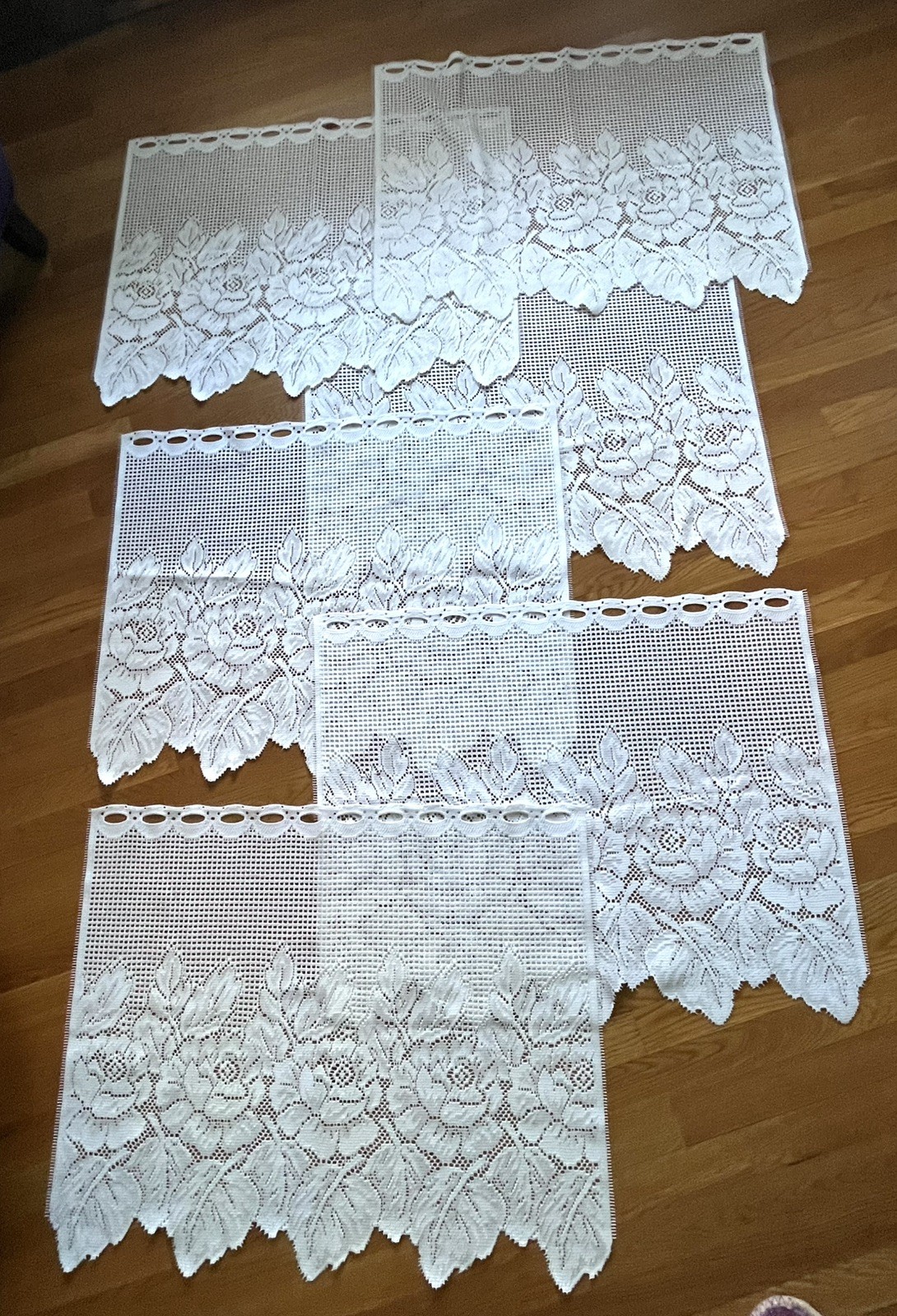 6 Vintage White Floral Lace Café Curtains 30″ wide X 24″ long Each