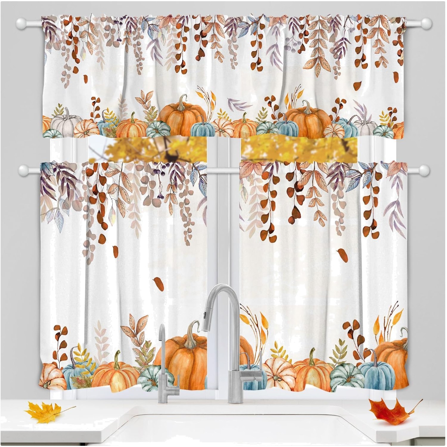 Elegant Light Filtering Fall Curtains – Set of 3 for Kitchen & Living Room