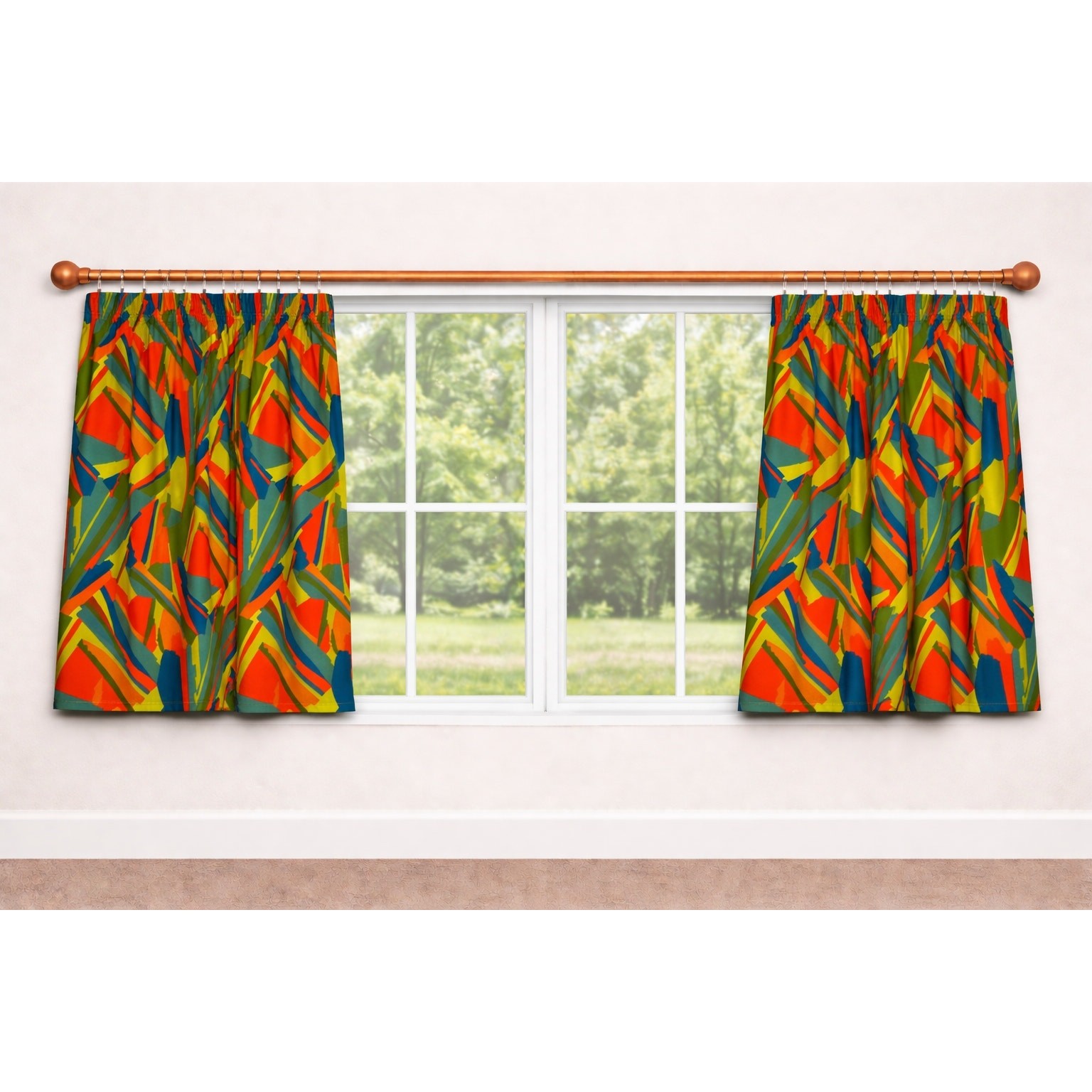 Bright Funky Abstract Geometric Curtain Panels 29×40″ Set of 2 Orange Green Blue
