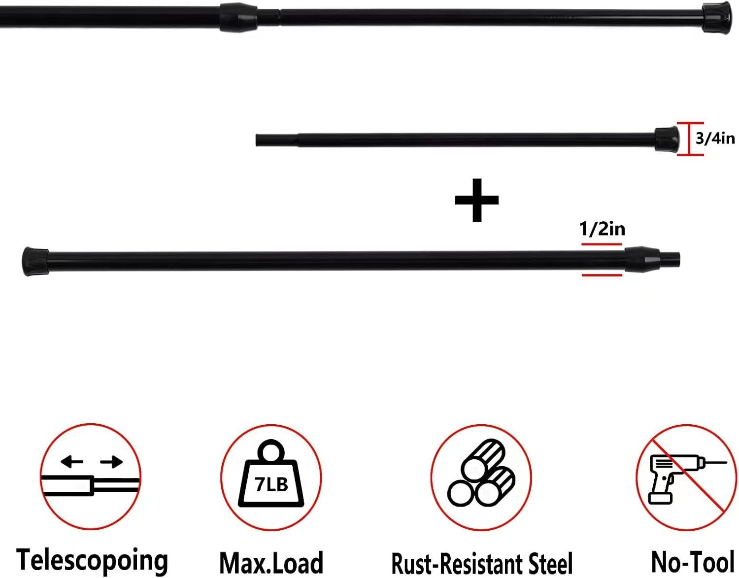 Window Tension Rod 28-40 Inch Adjustable Black Alloy Steel Set of 2 Easy Install
