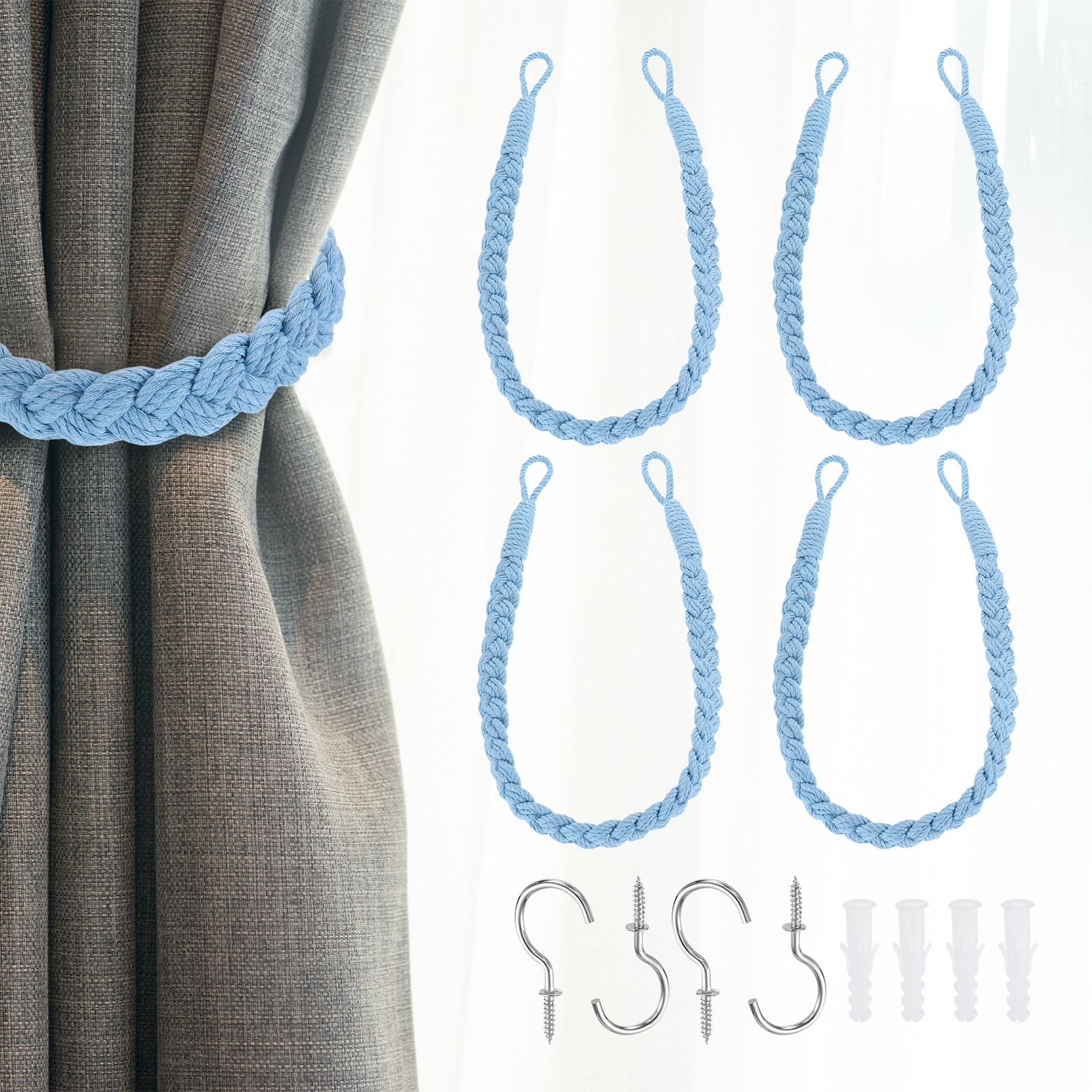 4Pcs Rope Curtain Tiebacks, 23.6″ Hand-Woven Curtain Holdback, Light Blue