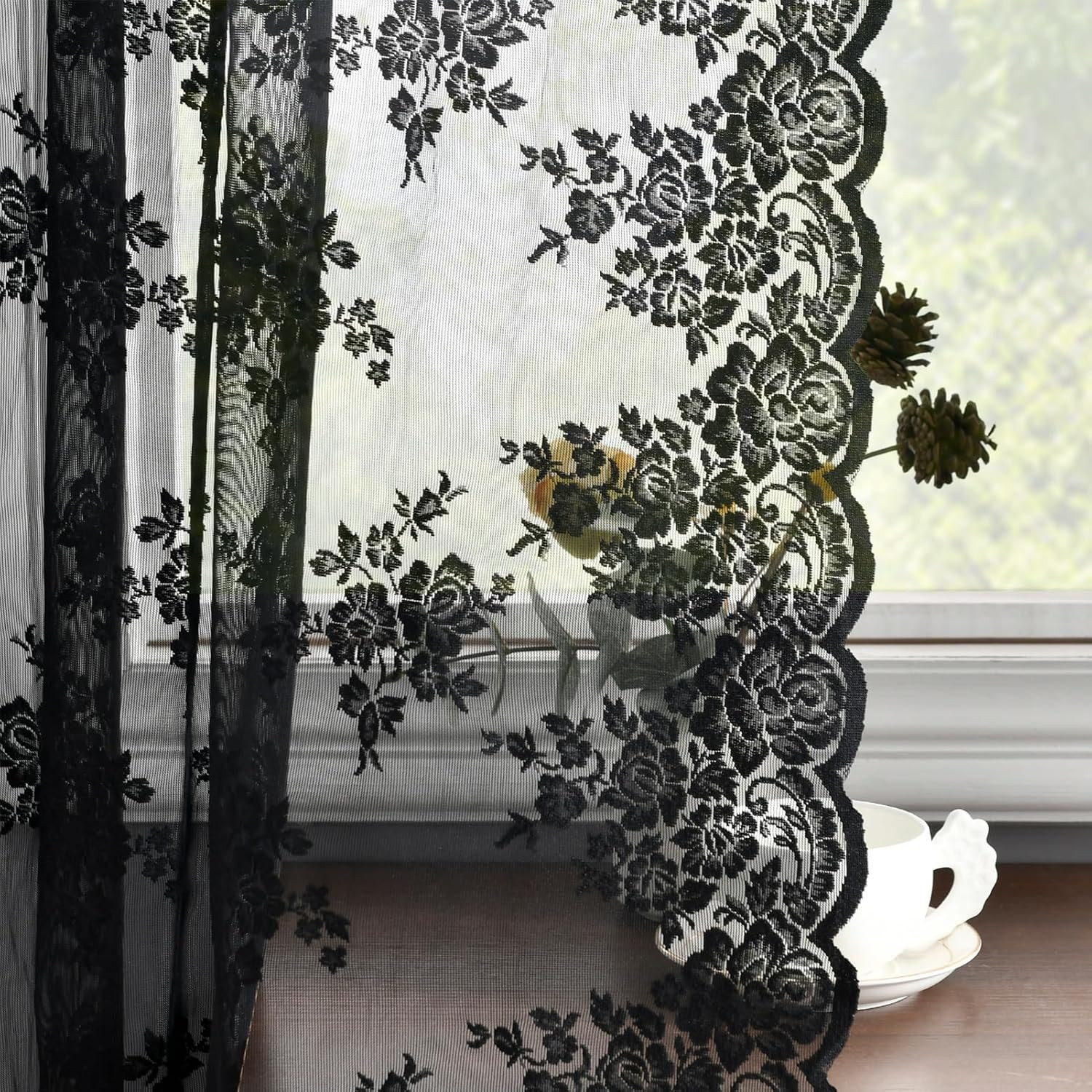 Black Lace Curtains 54 Inch Length 2 Panels, Country Rustic Floral
