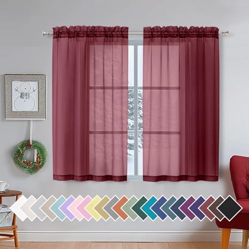 Short Sheer Black Curtains for Living Room 45 40″W x 45″L (Pack of 2) Burgundy