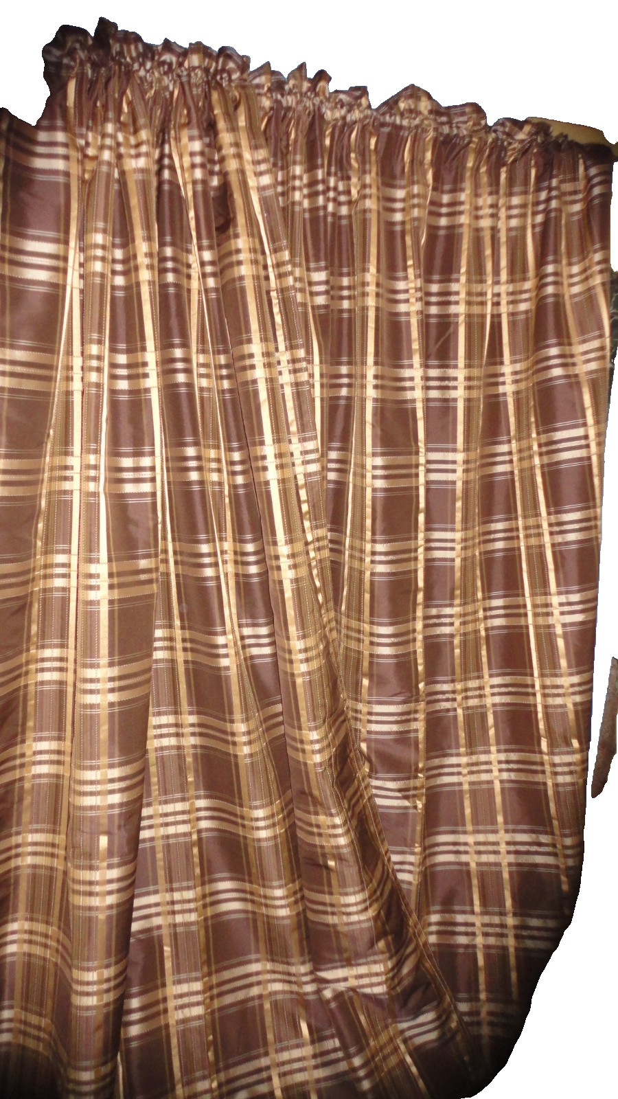 CHRIS MADDEN MYSTIQUE BROWN GOLD CAFE PLAID FAUX SILK (2) LINED PANELS 54 X 96
