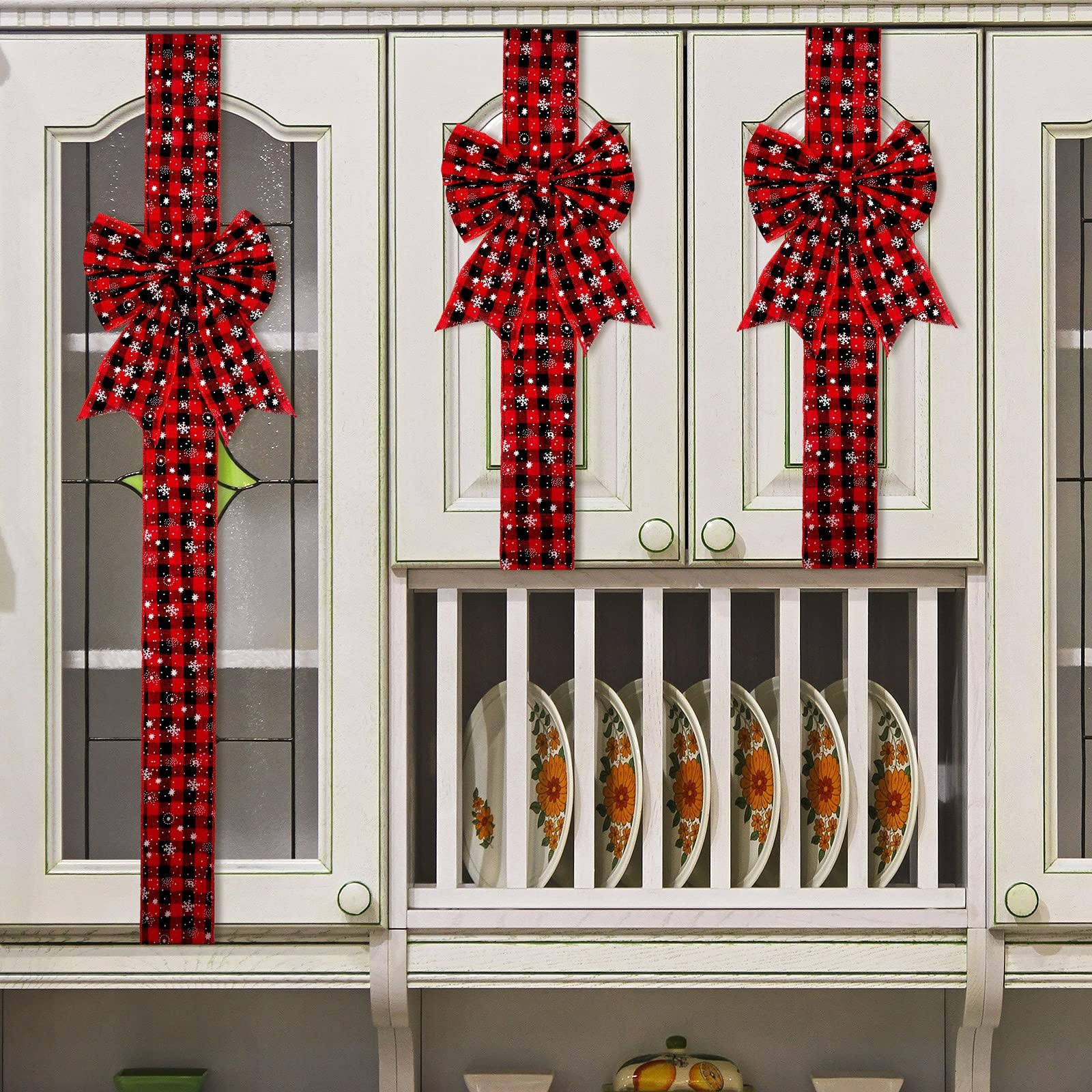 6 PCS Red Black Buffalo Plaid Christmas Cabinet Ribbon Bows 78.8×2.6 Inch
