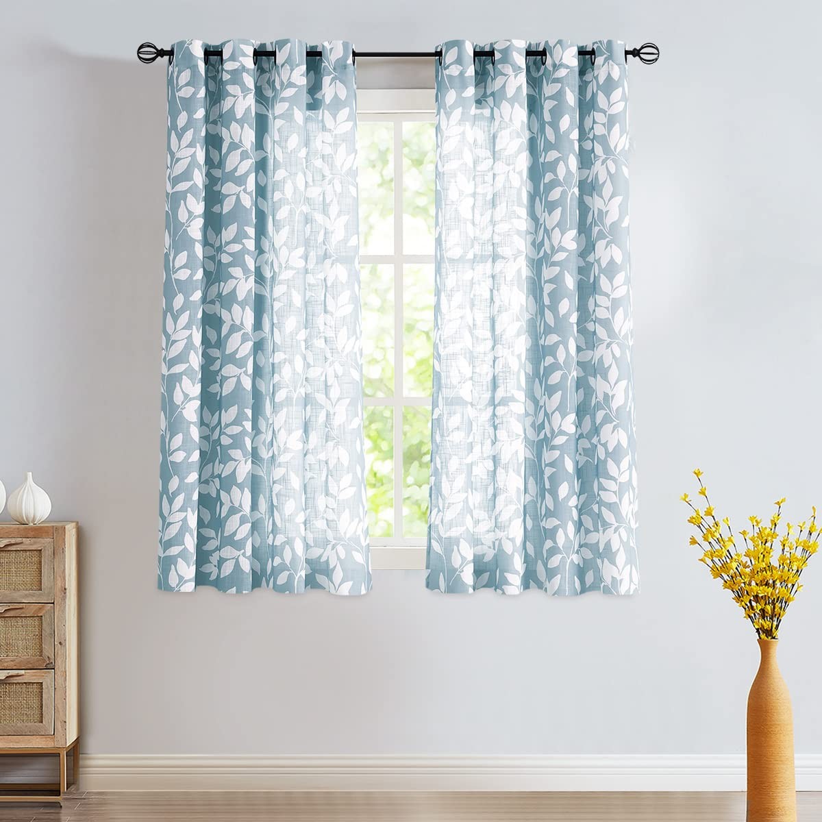 Blue White Curtains for Living Room 63″ Length Leaves Print Semi-Sheers Curta…