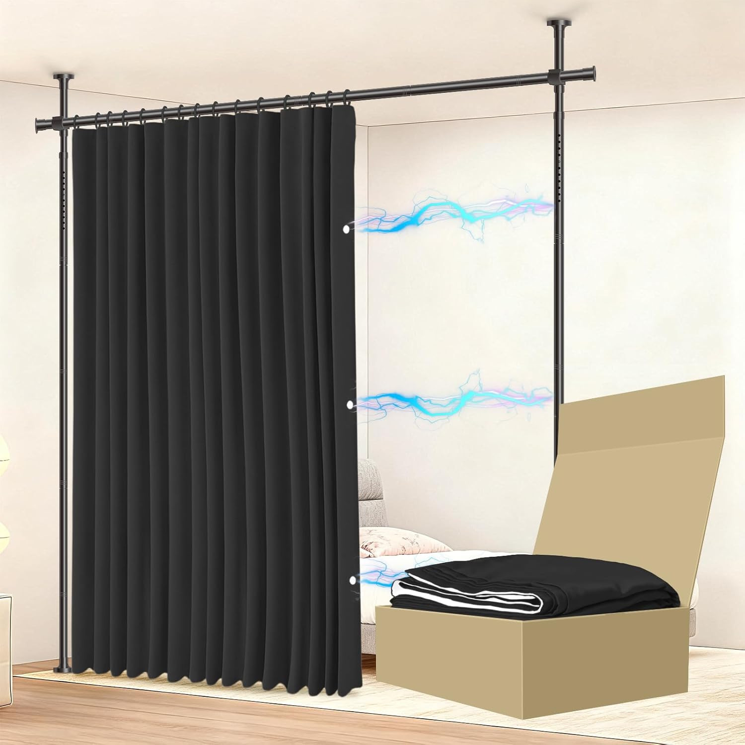 No Drill Room Divider Curtain Set Adjustable Tension Rod Black Privacy Curtain