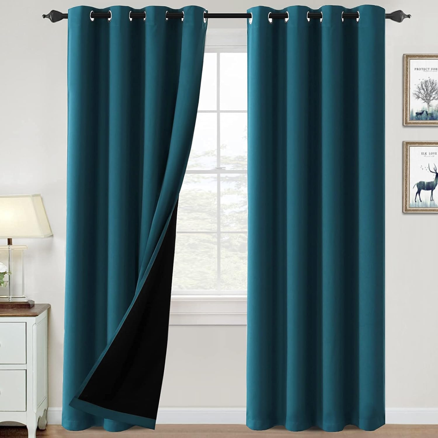 Off White & Dark Teal 100% Blackout Linen Curtain Panels, 2 Pack, 52″x84