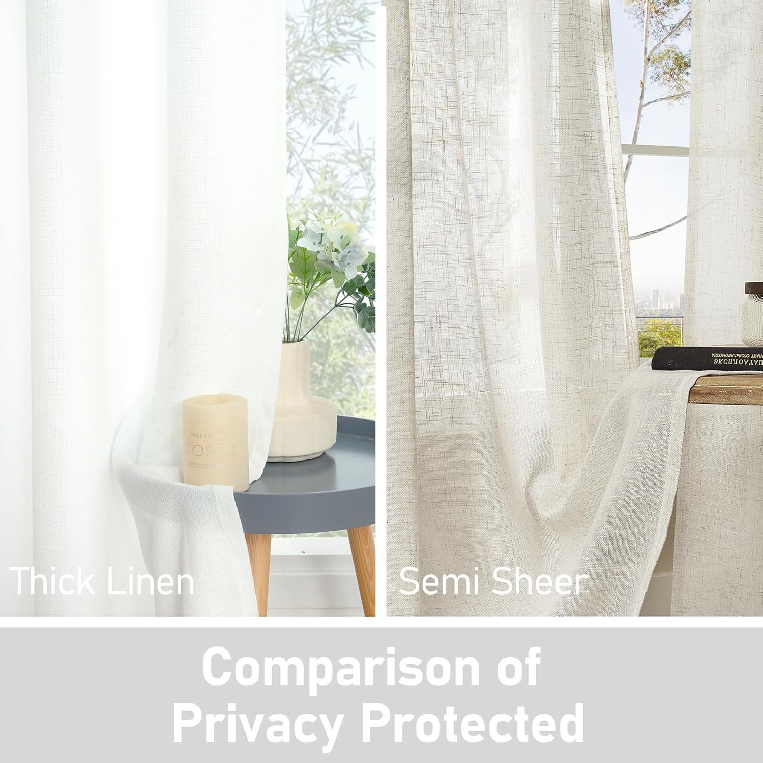 White Linen Curtains 40 Inch Length for Kitchen Windows over Sink, Linen Texture