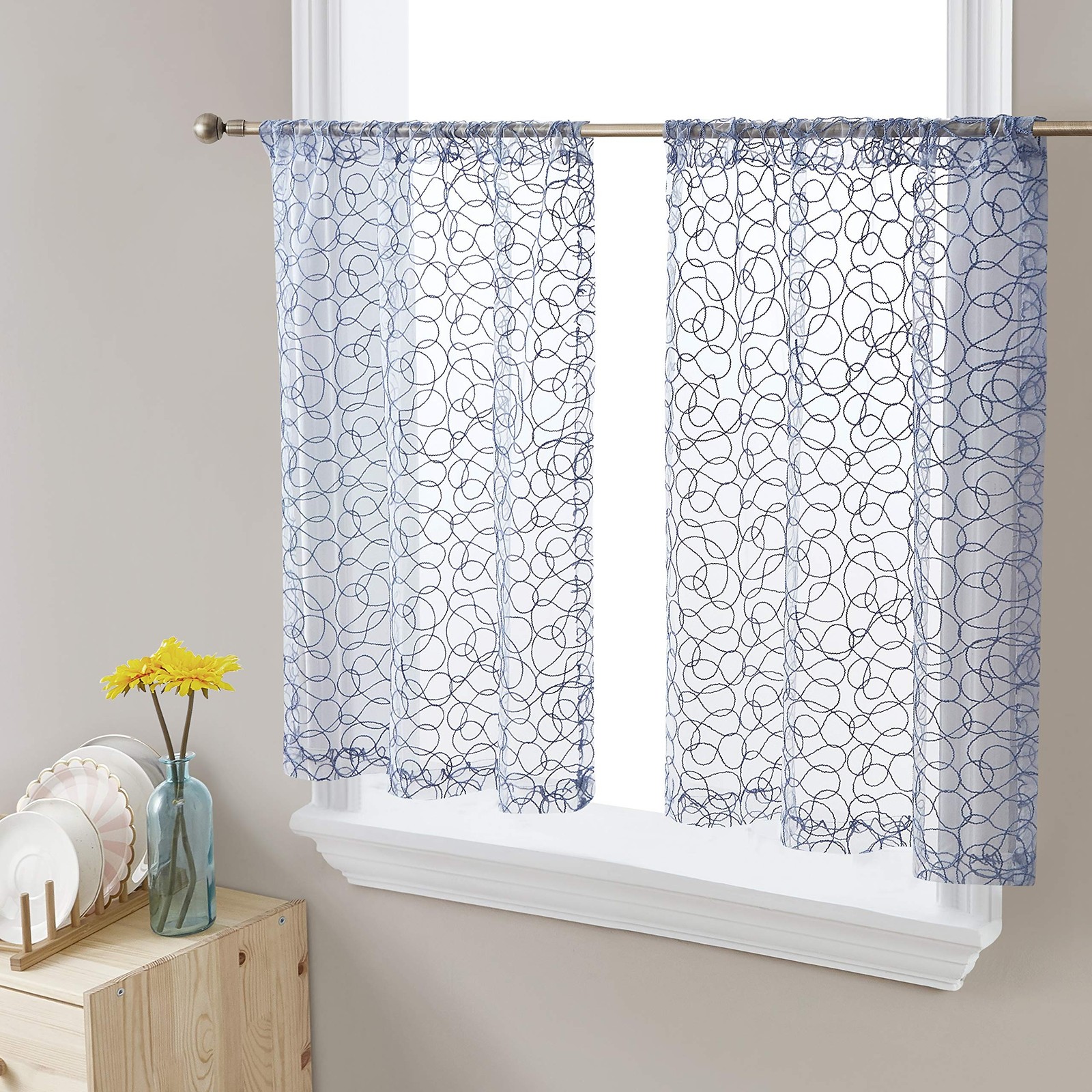 HLC.ME Audrey Embroidered Sheer Voile Window Curtain Short Rod Pocket Tiers f…
