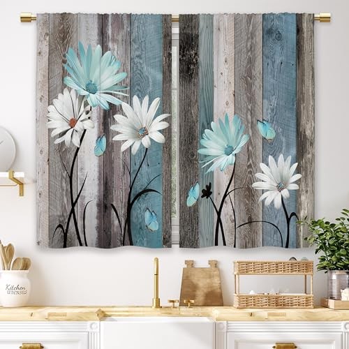 Teal Farmhouse Daisy Kitchen Curtains 27.5″W x 39″L (Pack of 2) 07_teal_daisy