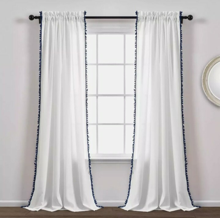 (1) Lush Decor Window Curtain Panel White Navy Pom Pom 50″ x 95″