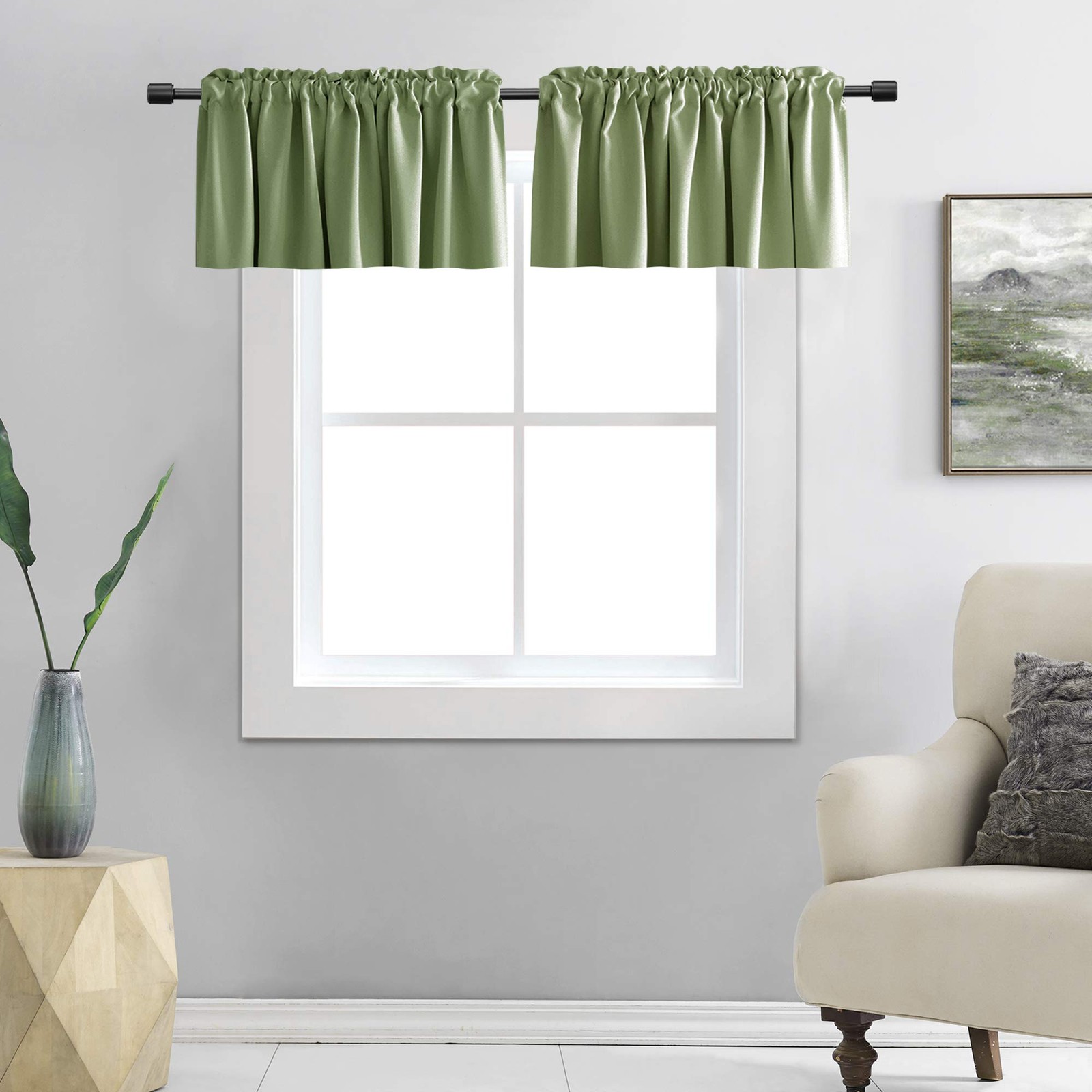 DONREN Sage Green Blackout Window Valances – Kitchen, 42×18 Inch, Rod Pocket