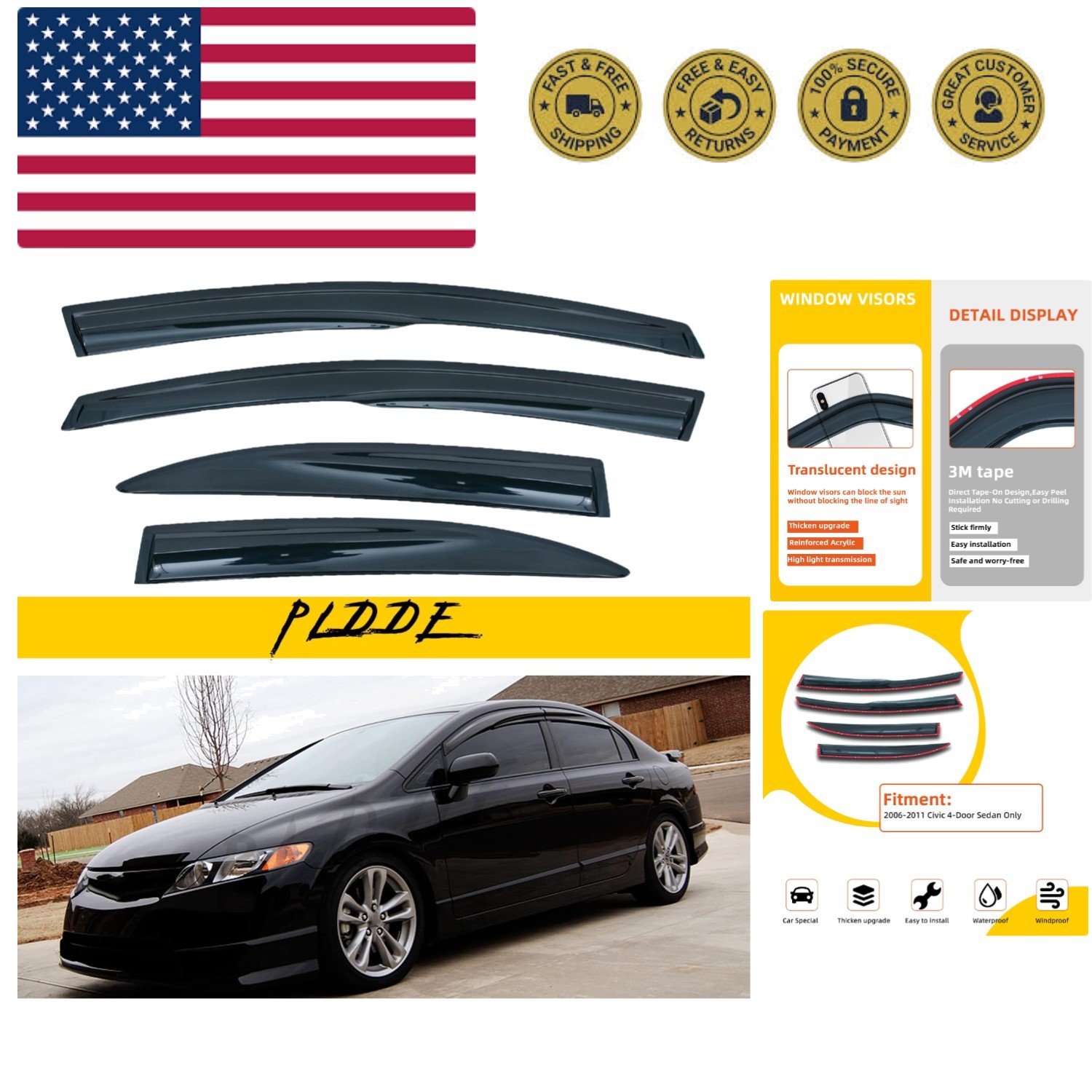 4 pcs Compatible with 06-11 Civic 4-Door Sedan JDM 3D Wavy MU Style Front+Rea…