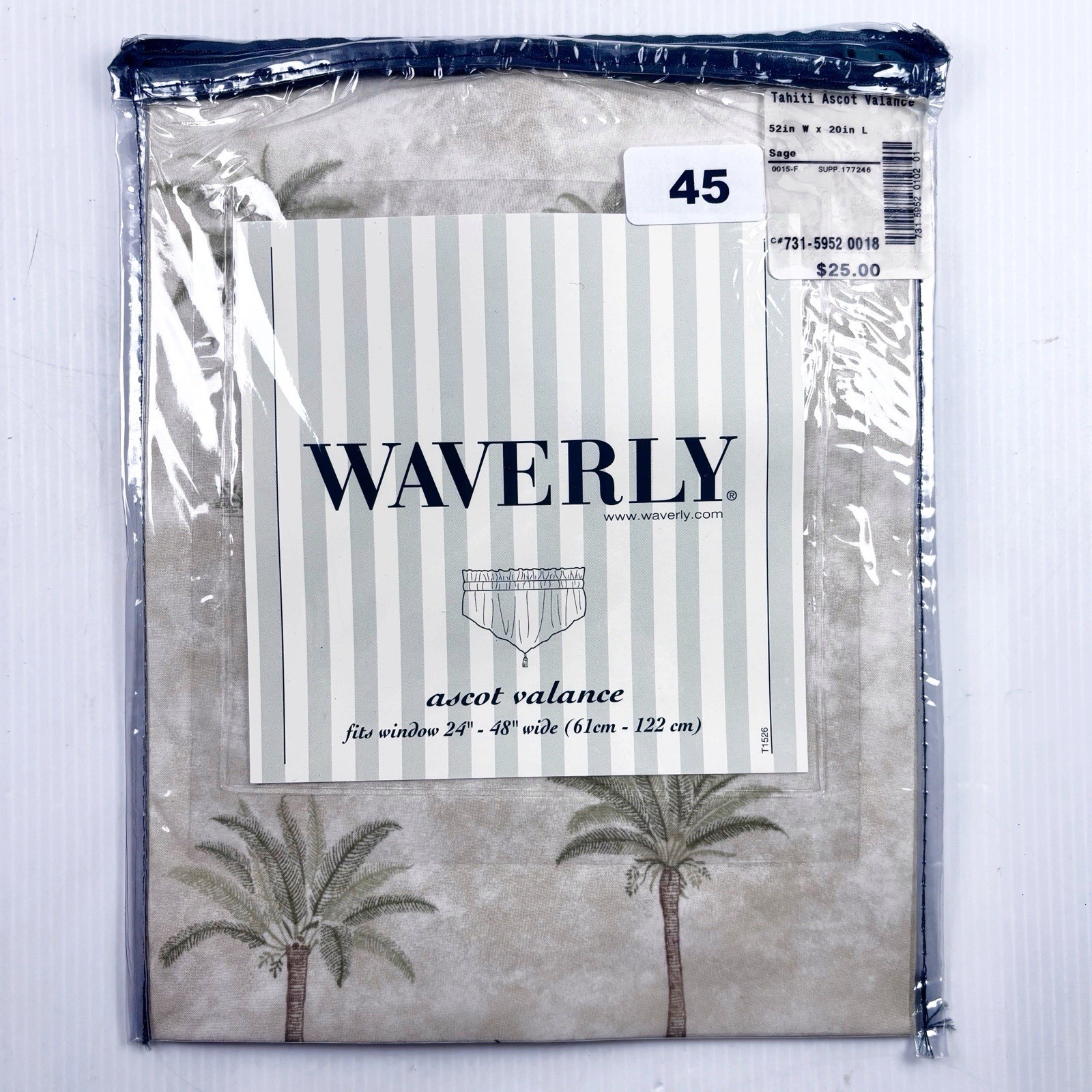 ONE Waverly Sheer VALANCE ASCOT ~ Tahiti Sage 52 x 20” Palm Trees New in Package