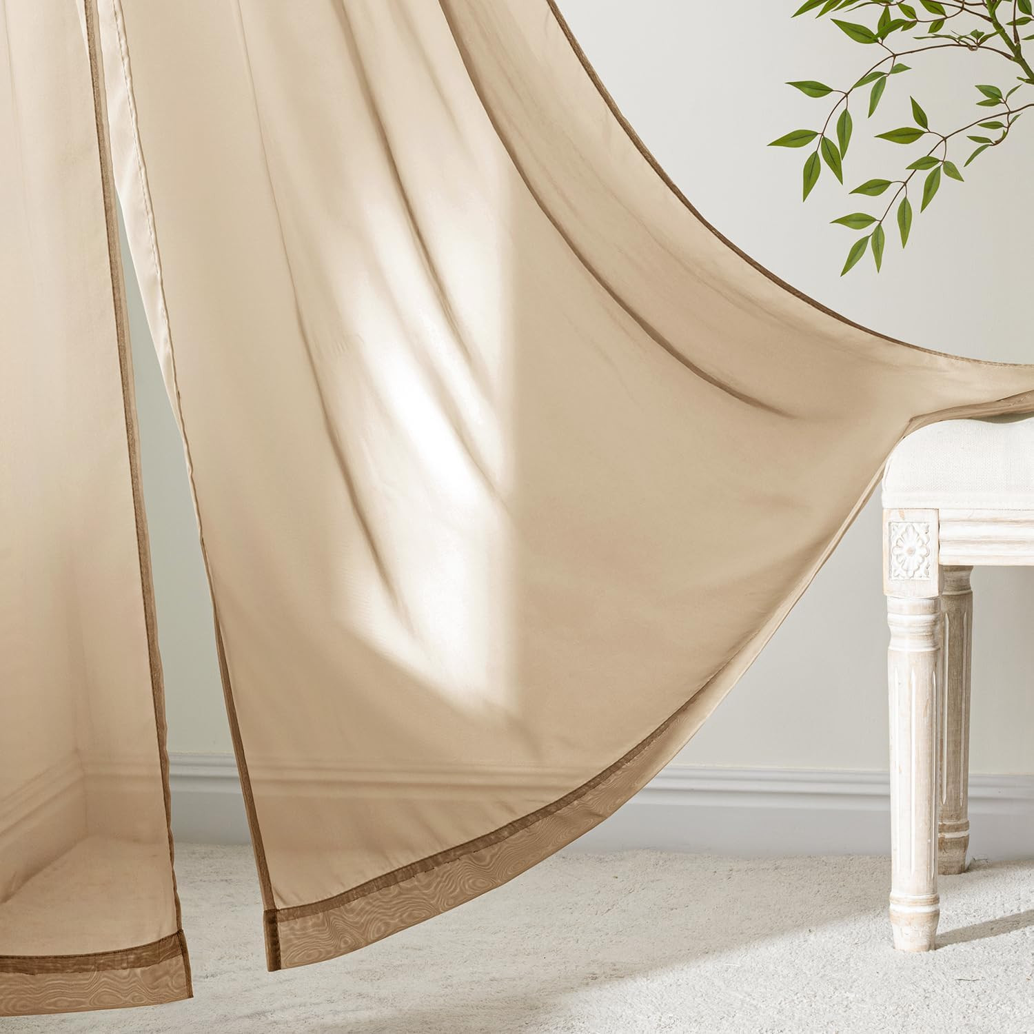 MIULEE Brown Sheer Curtains 63 Inches Long, 4 Panels Set, Rod Pocket Voile Drape