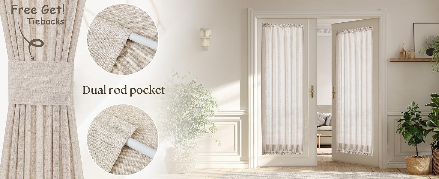 2 Pieces French Door Curtains Linen W35 x L72 Dual Rod Pocket Light Coffee Semi
