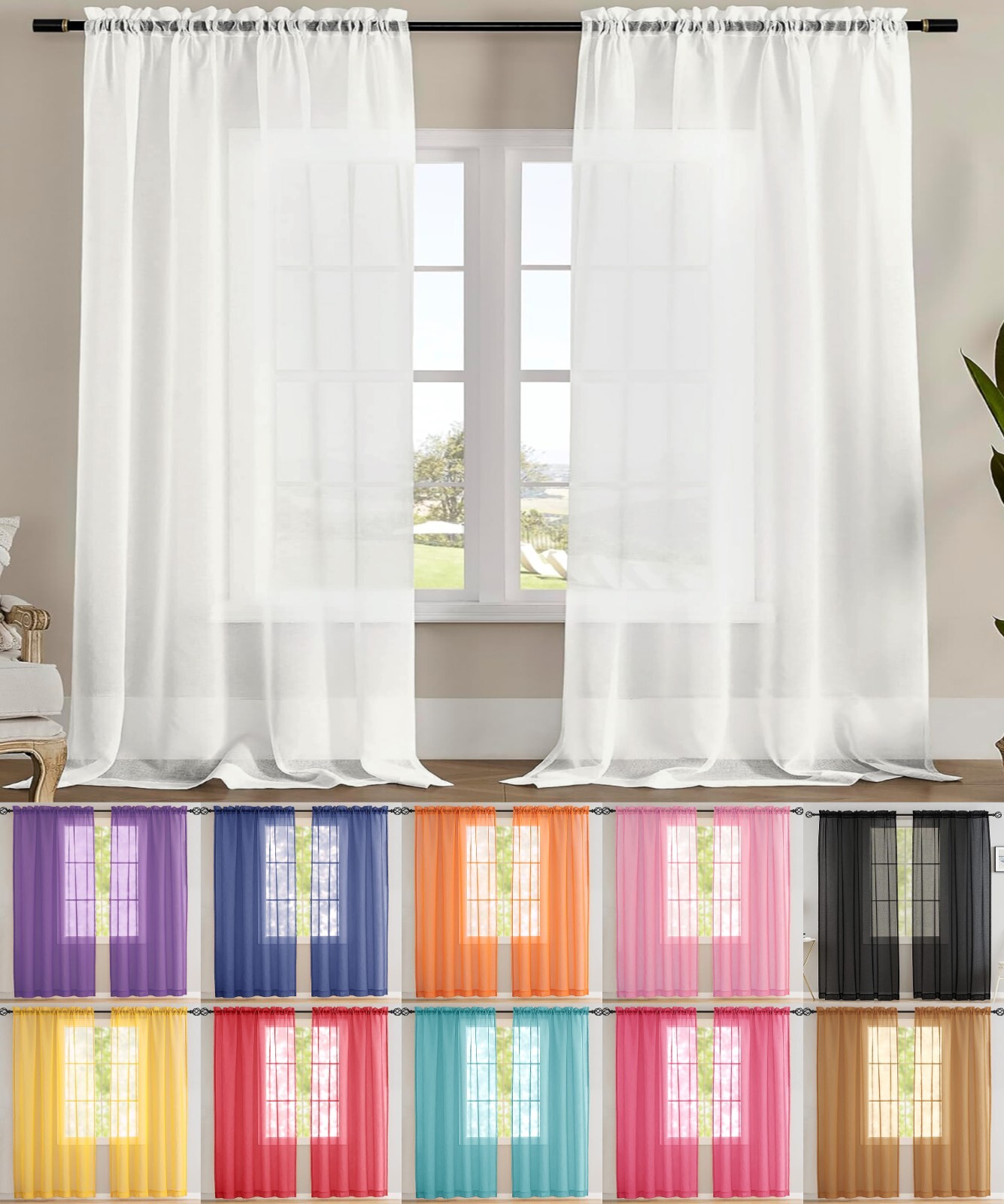 2 Panels – Sheer Window Rod Pocket Curtain Set 84″ Inches Long