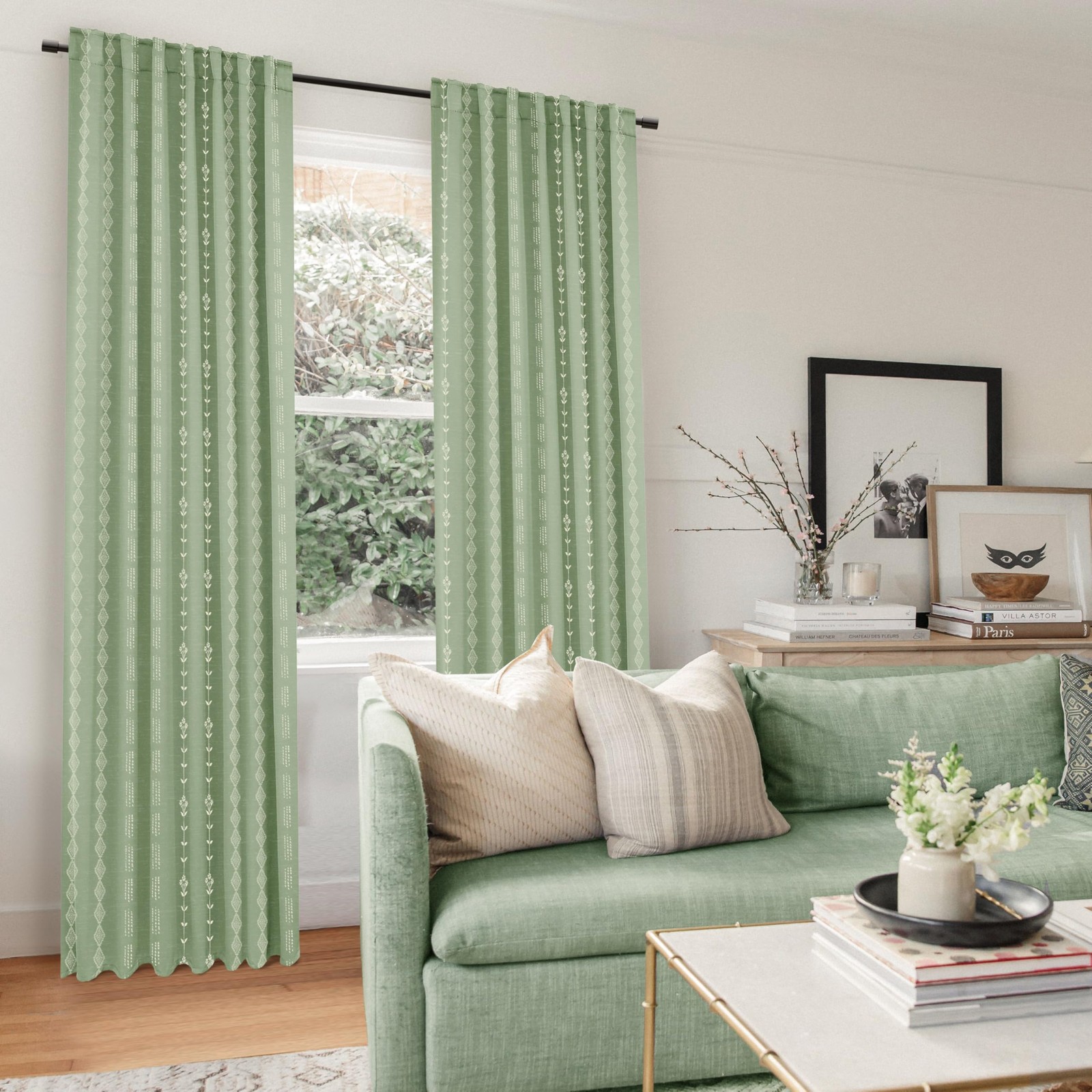 Lino Rosa Sage Green Botanical Patterned Curtains Boho Neutral Nursery Curtains