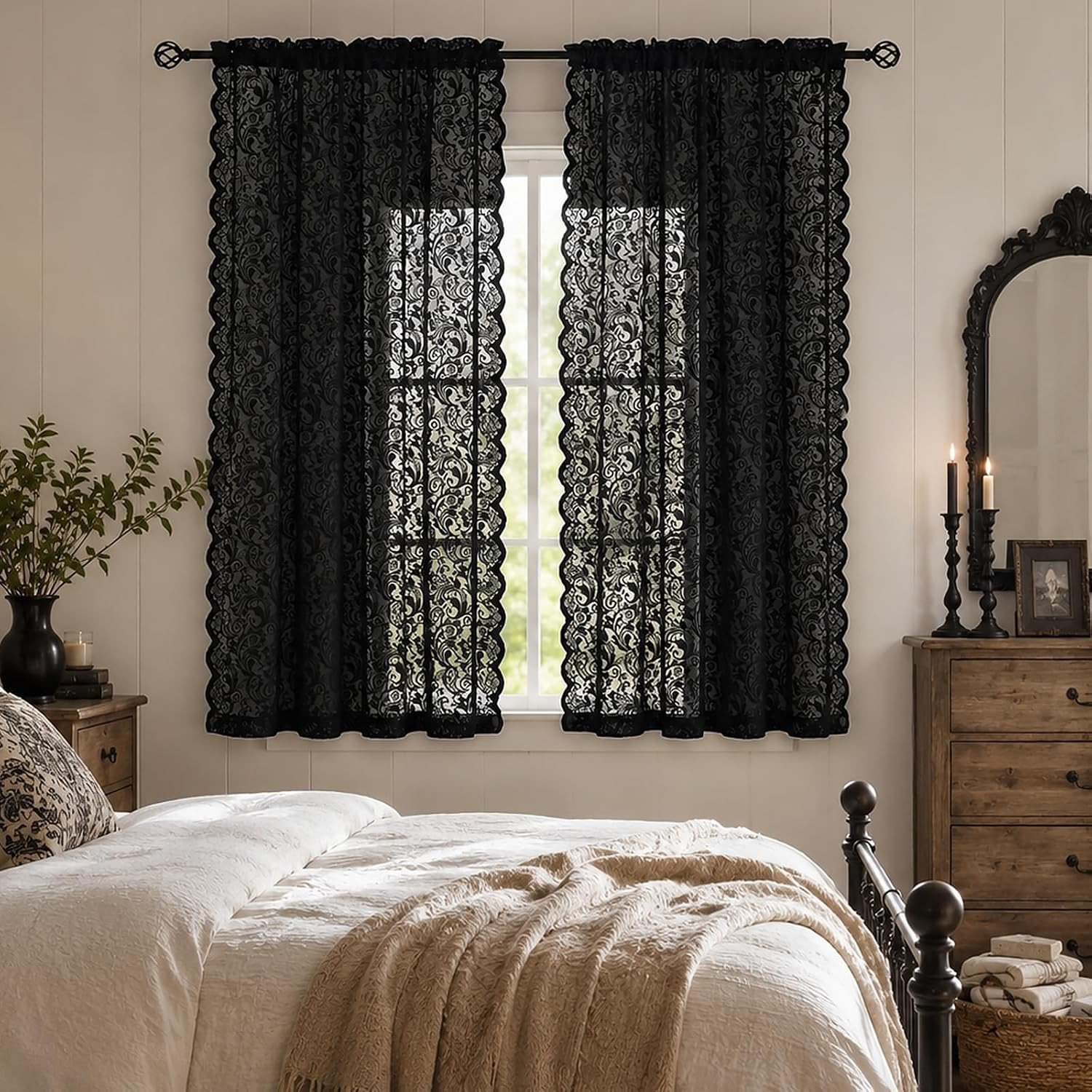 Black Lace Curtains Short 54 Inch Length – Gothic Sheer Dark Floral