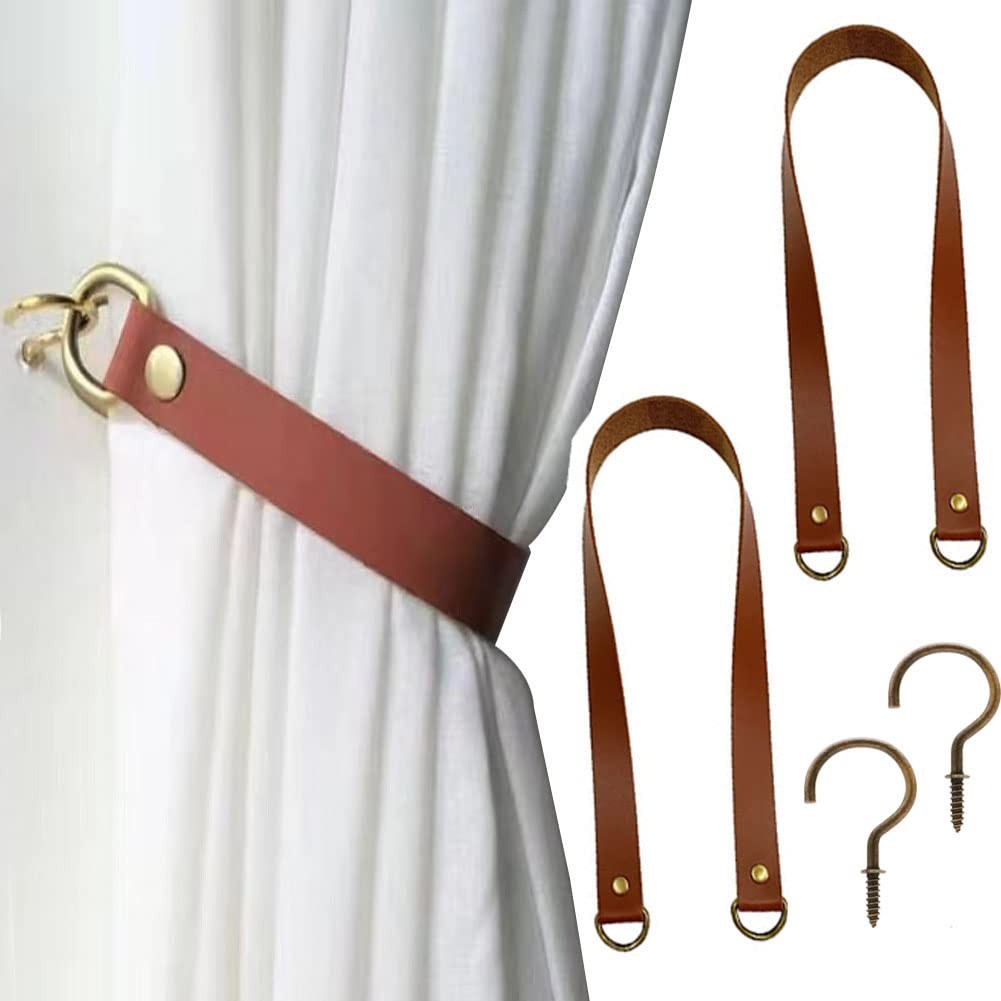 Leather Curtain Tie Backs – 2 Pcs Wall Mounted Curtain Holdbacks with Metal H…