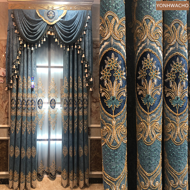 luxury chenille embroidery villa blue cloth blackout curtain valance drape C813