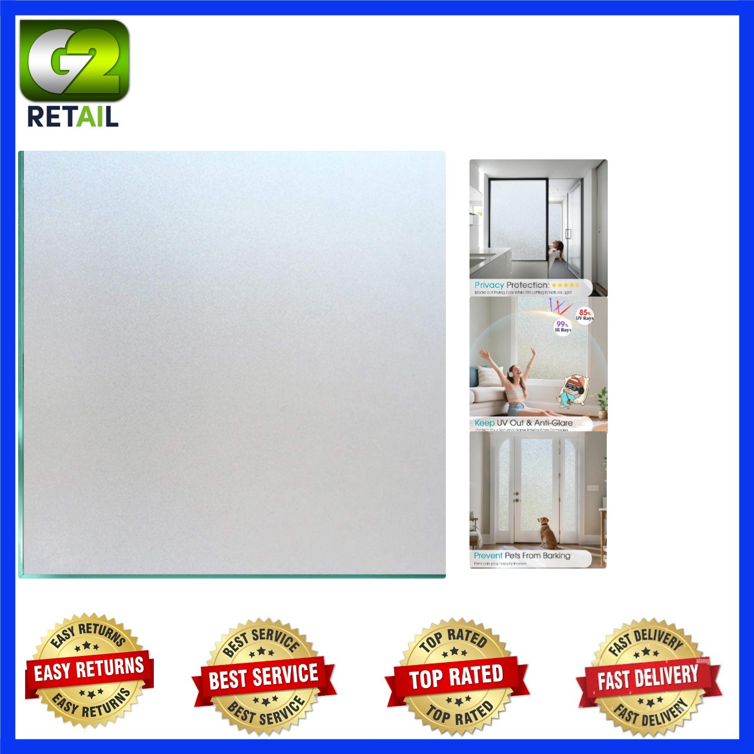 Stylish Frosted Glass Static Cling Film – 96% Privacy & Sun Control 17.5 x 78.7