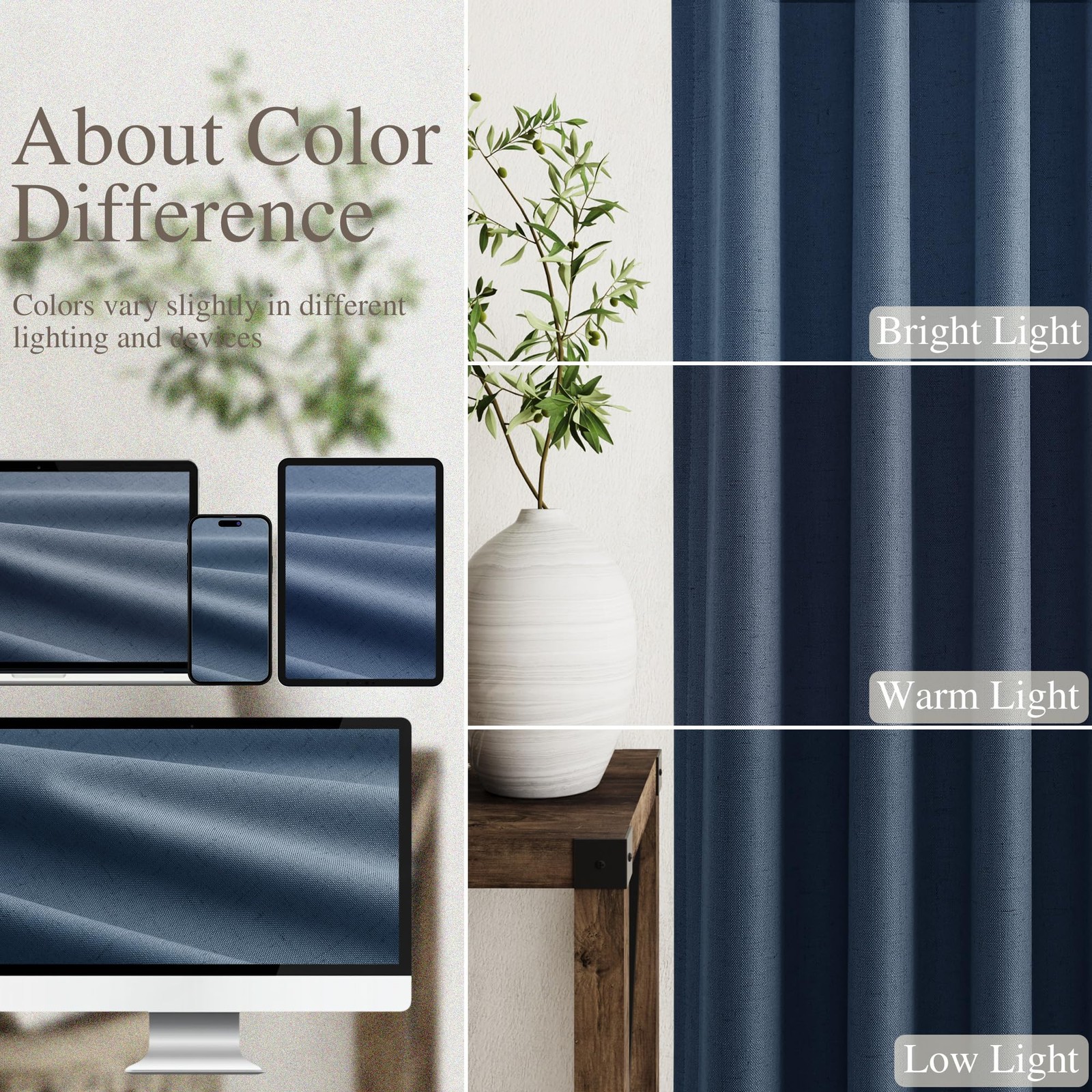 Nanspring Denim Blue 100 Linen Curtains 84 Inch Length 2 Panels Set For Bedroom