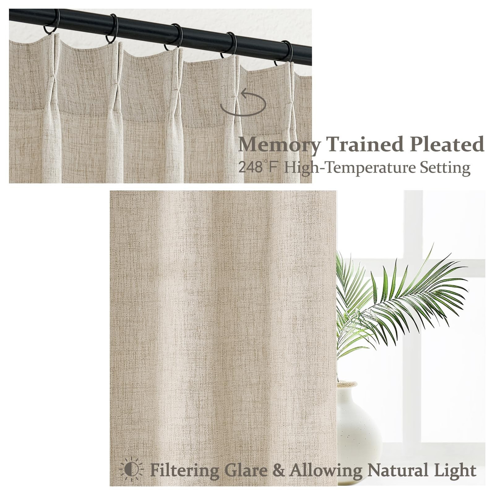 Pinch Pleated Light Filtering 60 Inch Wide Natural Curtains 84 Inches Long fo…