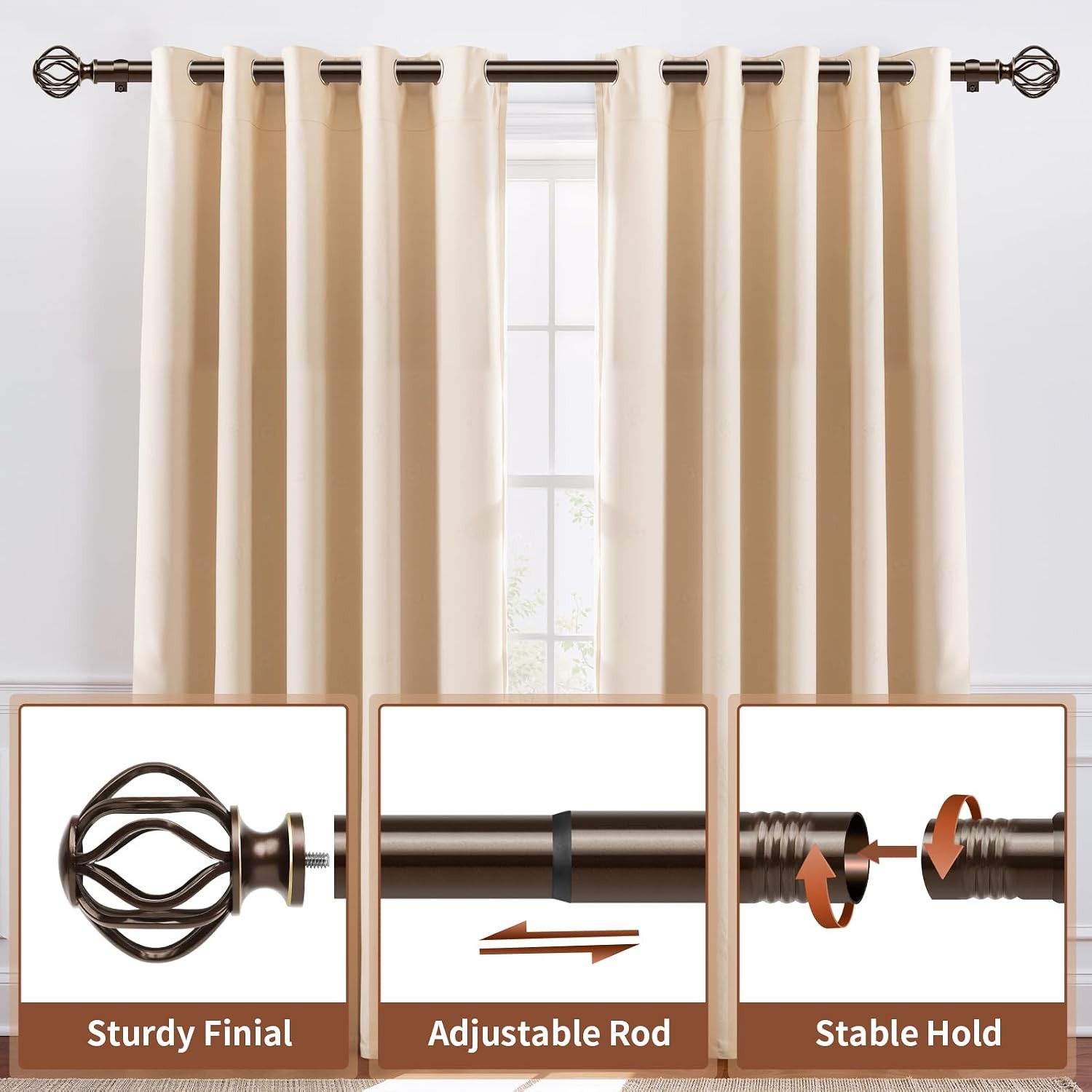 Adjustable Curtain Rod Heavy Duty Decorative Drapery Hardware Cage Finials