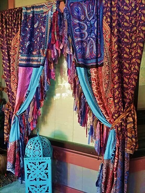 2 Pcs Indian Old Recycle Silk Saree Boho Multi Curtain Door Drape Decor Curtain