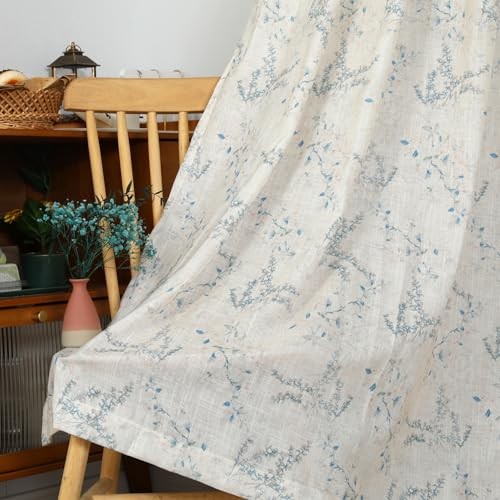 Floral Linen Curtains Semi Sheer Farmhouse Window 52″W x 96″L (Pack of 2) Blue