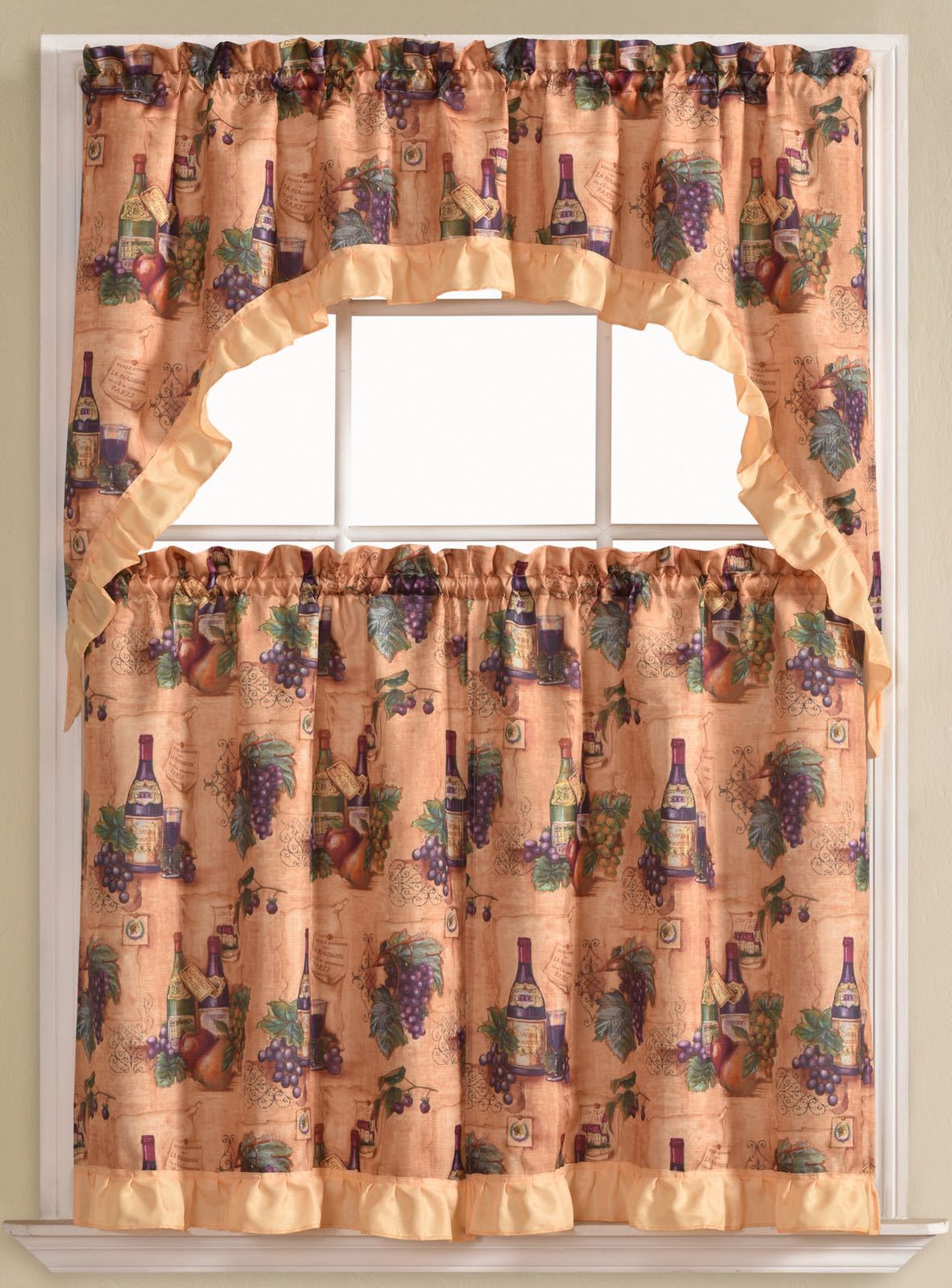 Kitchen Curtains 3 Pc. Set with Attached Valance Tier and Swag Set Red Brown