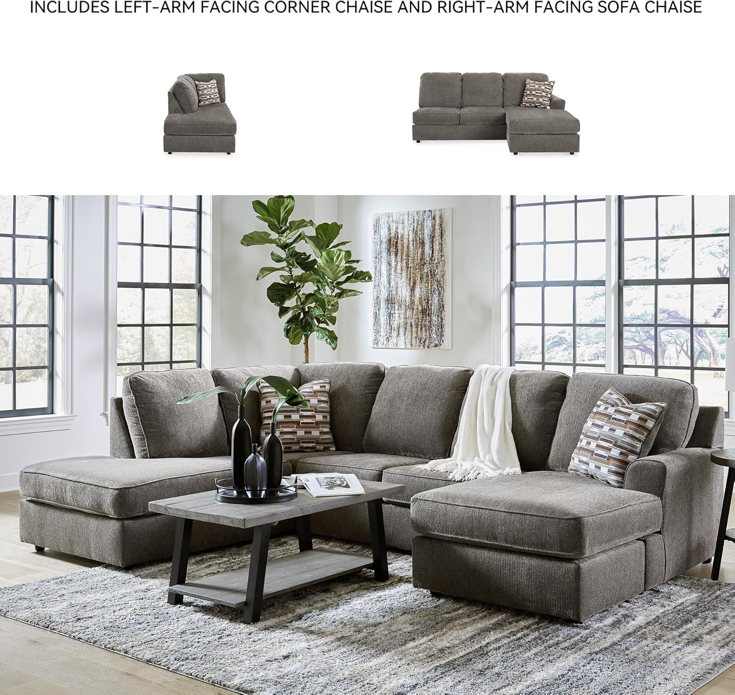 Gray Herringbone Chenille 2-Piece Sectional with Chaise & Pillows