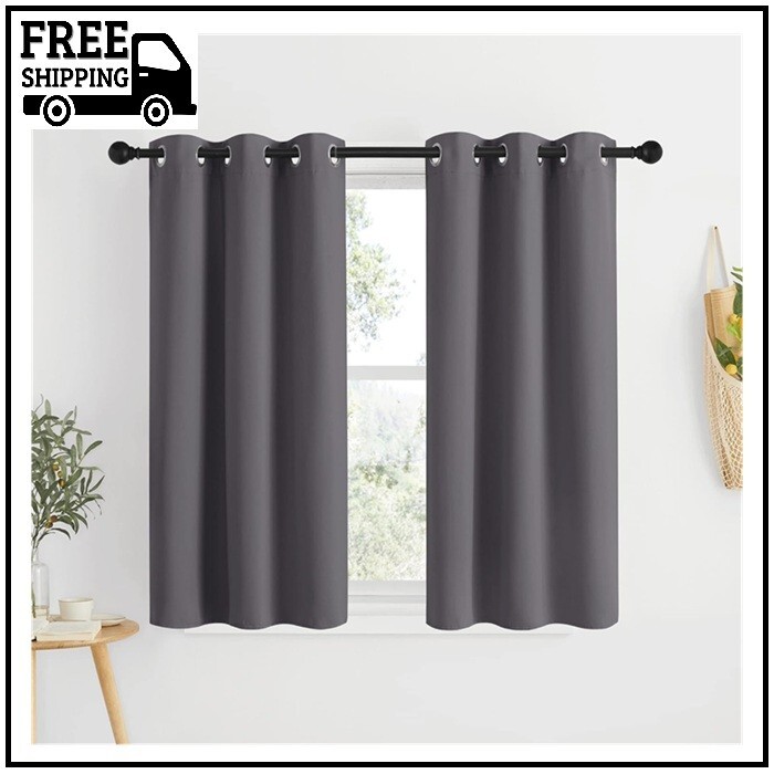 Grey Blackout Curtain Panels 48 inch Long Set of 2 for Bedroom, Thermal Insulate